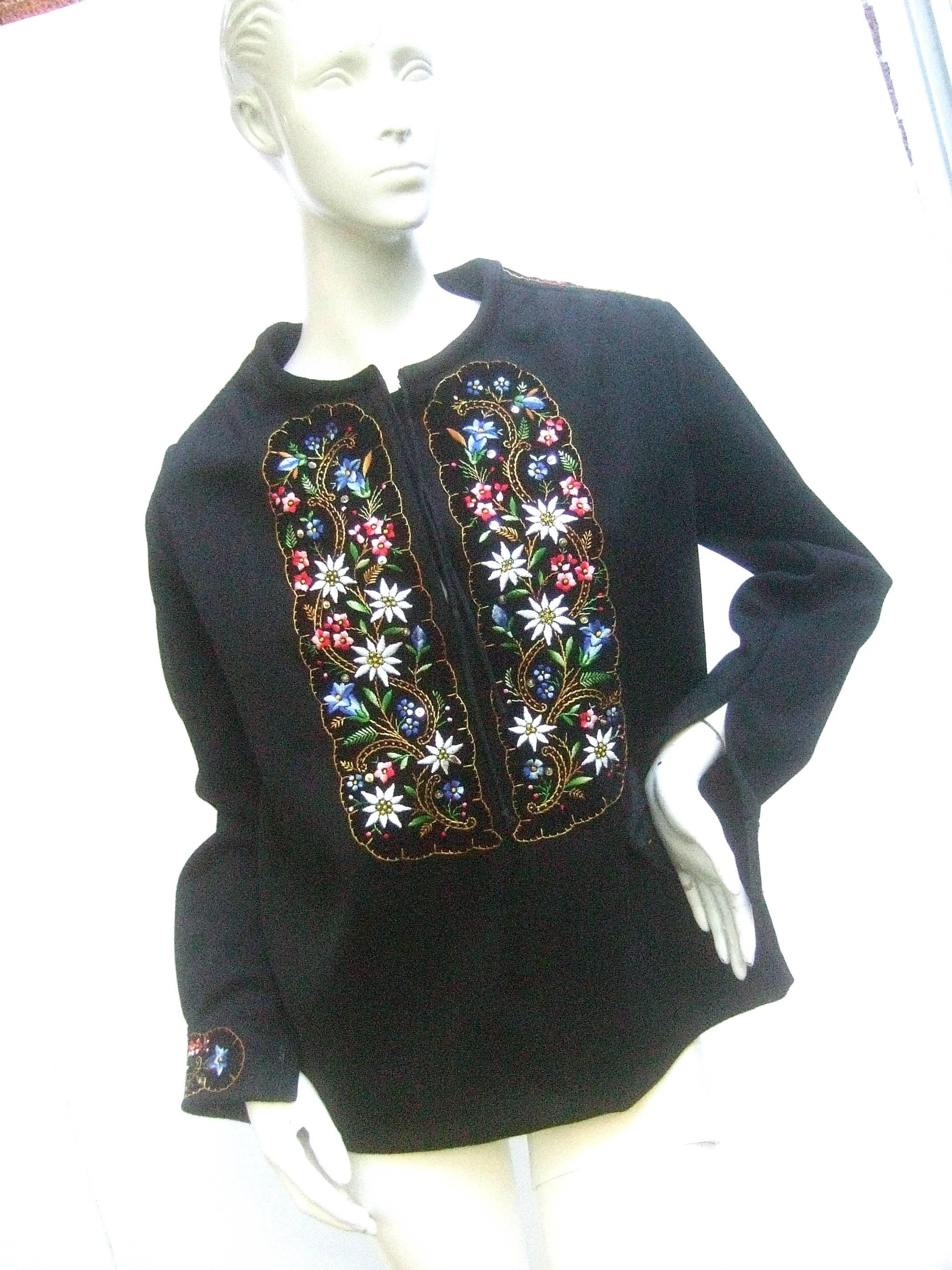 Saks Fifth Avenue Embroidered Black Wool Tunic from Switzerland c 1970s  2