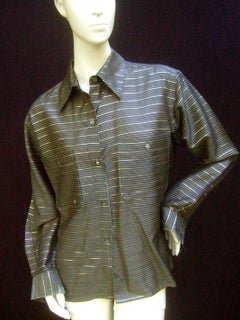Saint Laurent Rive Gauche Gold Metallic gestreifte graue Bluse ca. 1970er Jahre