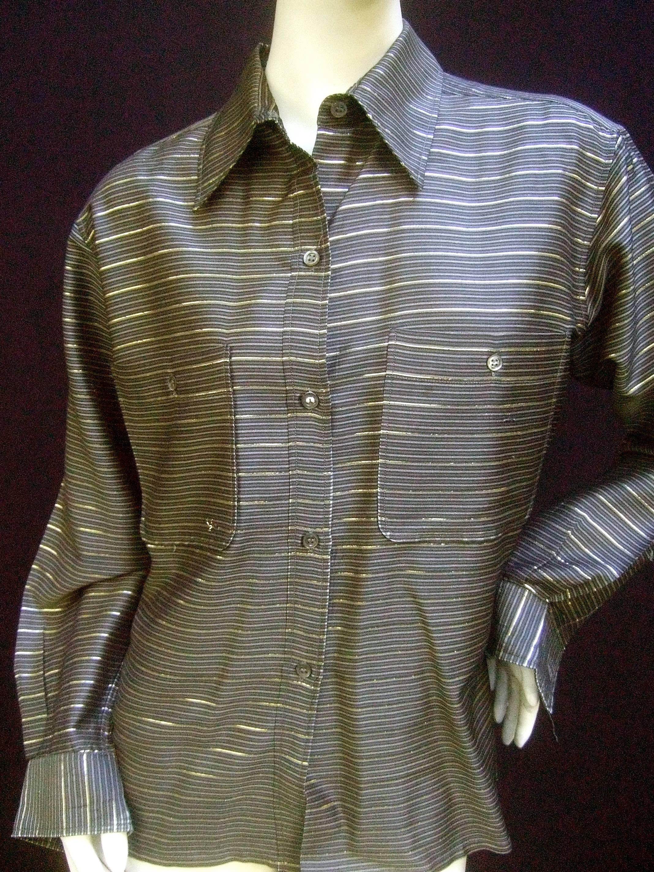 Saint Laurent Rive Gauche Gold Metallic Striped Gray Blouse c 1970s  In Good Condition For Sale In University City, MO