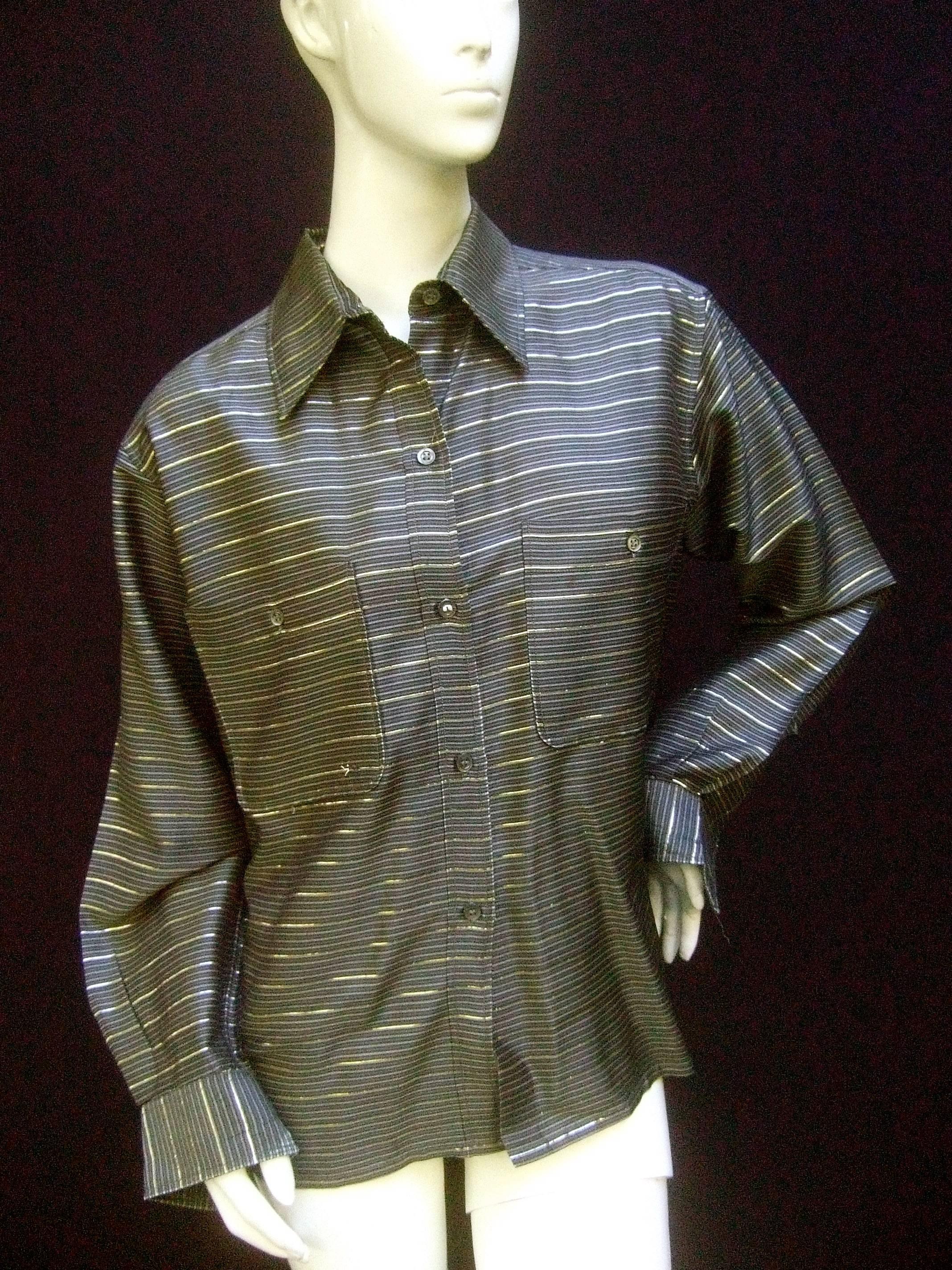 Saint Laurent Rive Gauche Gold Metallic Striped Gray Blouse c 1970s  For Sale 1