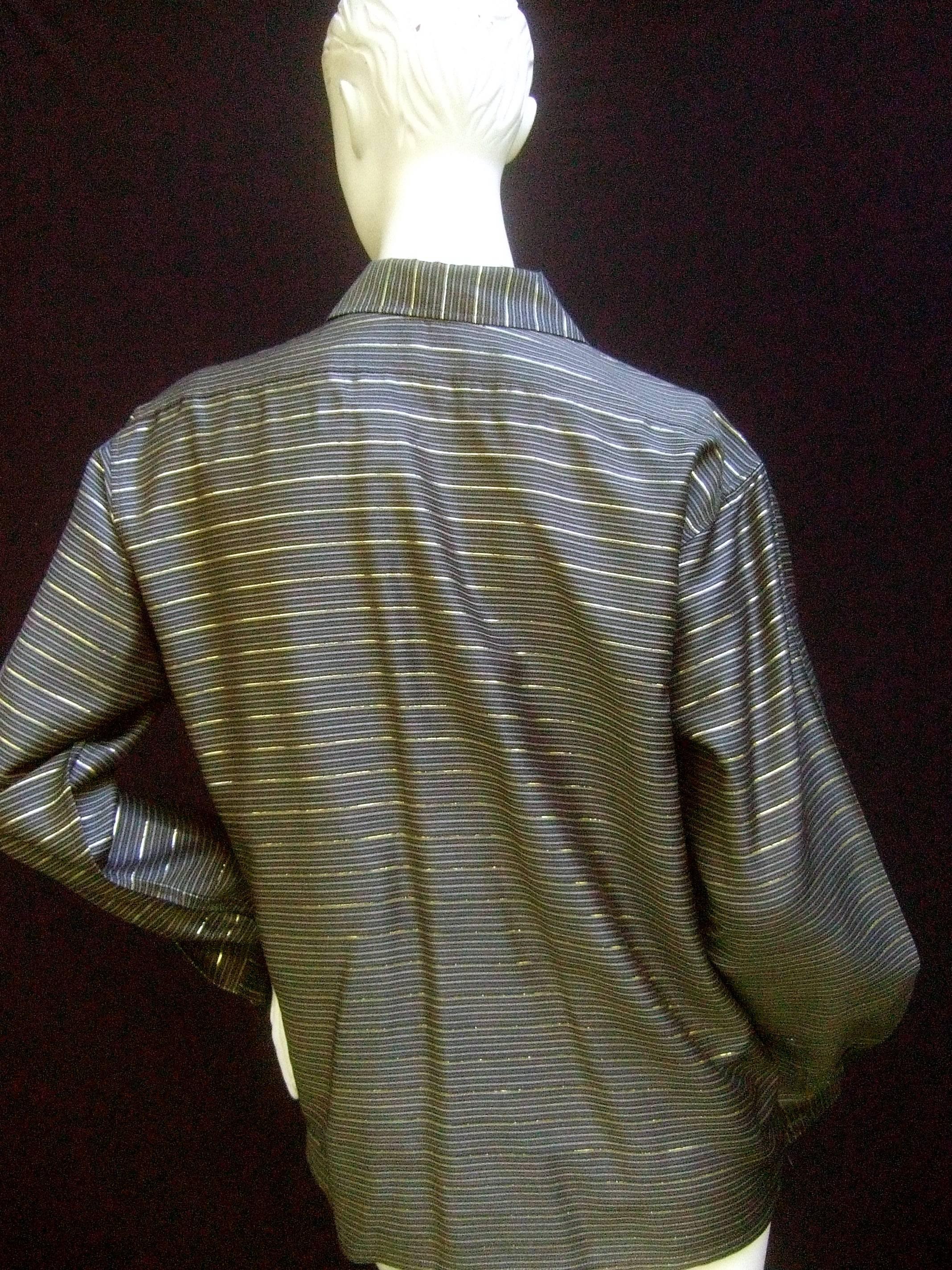 Saint Laurent Rive Gauche Gold Metallic Striped Gray Blouse c 1970s  For Sale 2