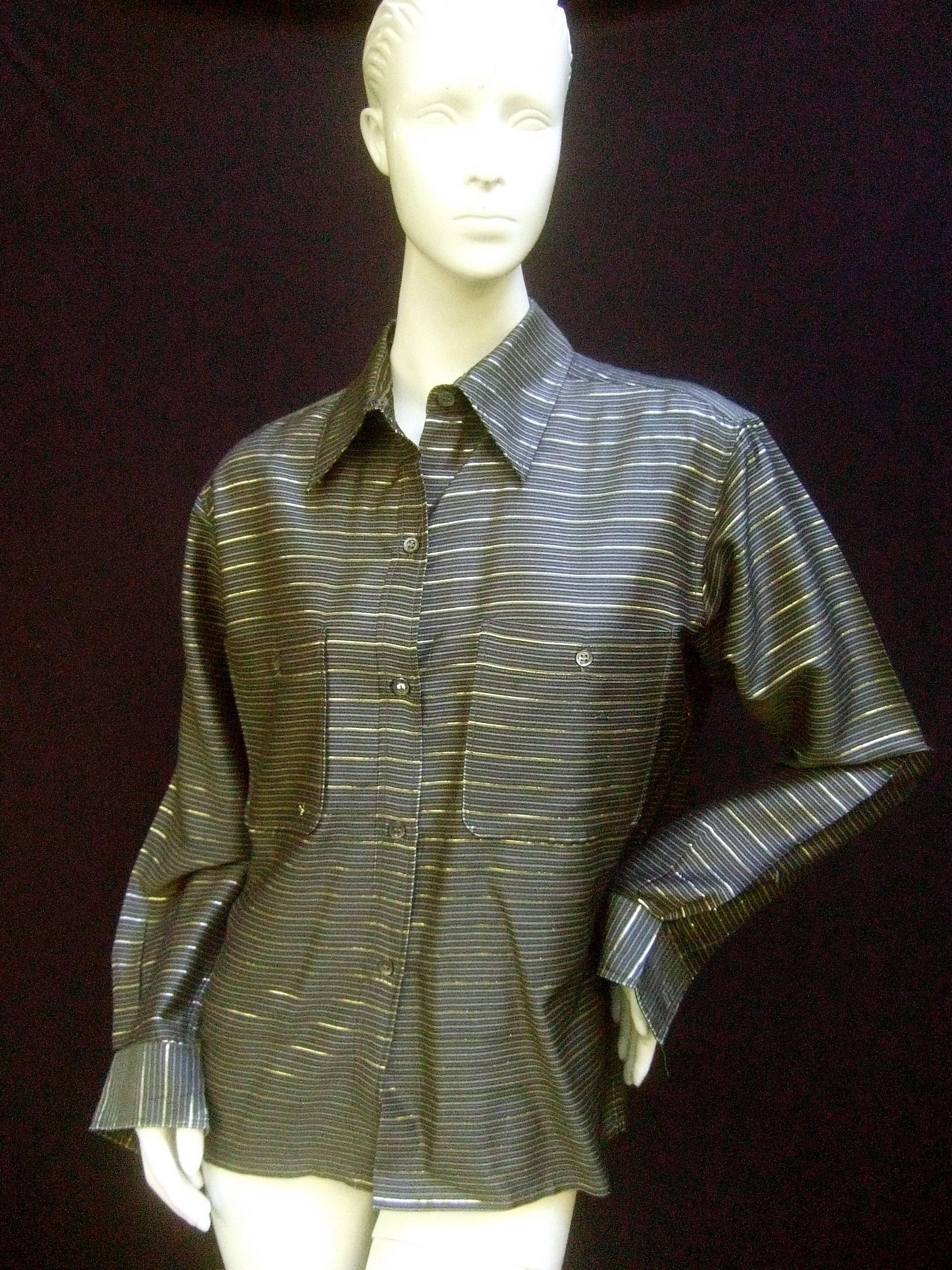 Saint Laurent Rive Gauche Gold Metallic Striped Gray Blouse c 1970s  For Sale 3