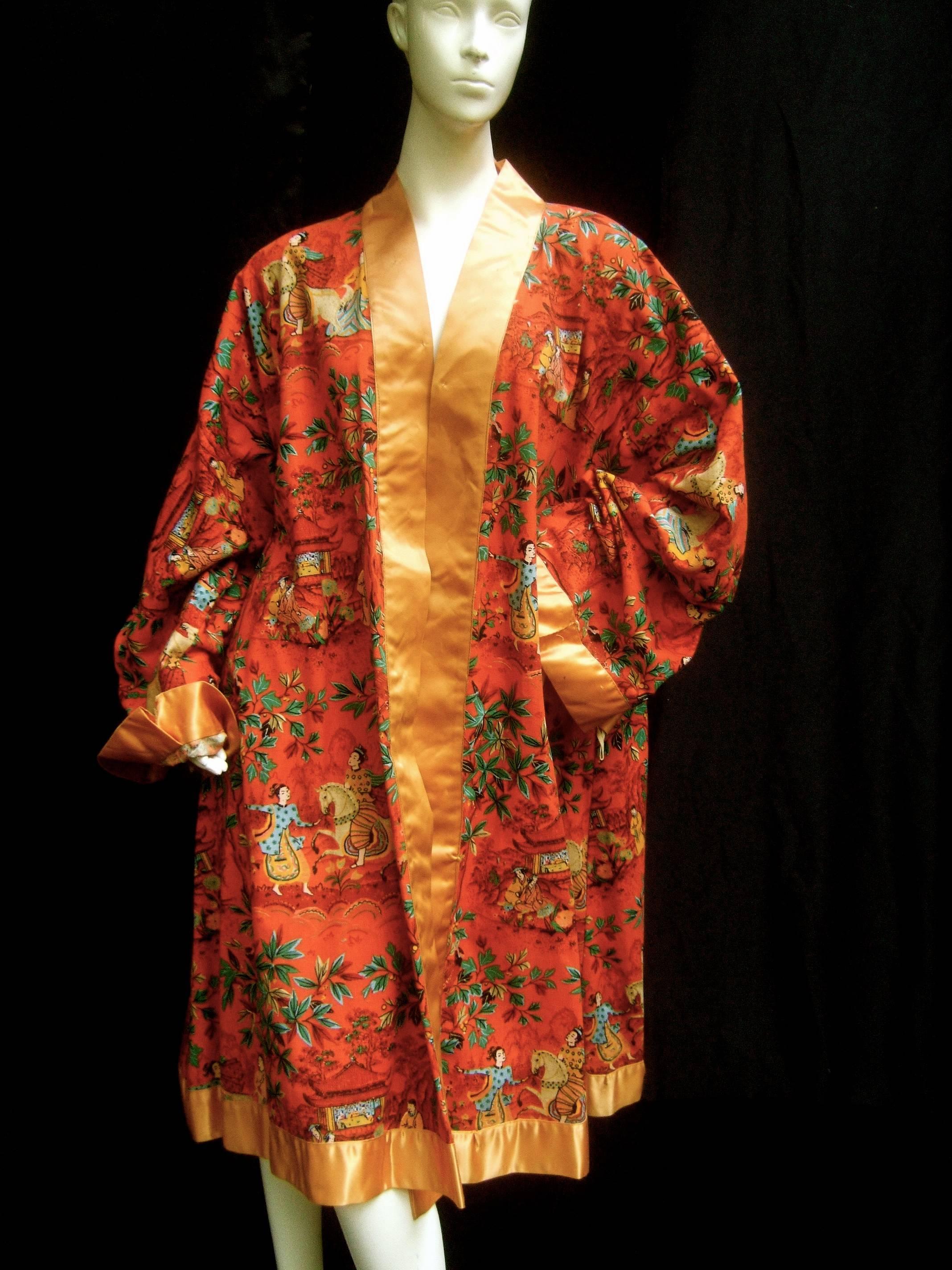 Brown Asian Theme Cotton Illustrated Duster Robe Coat c 1970s For Sale