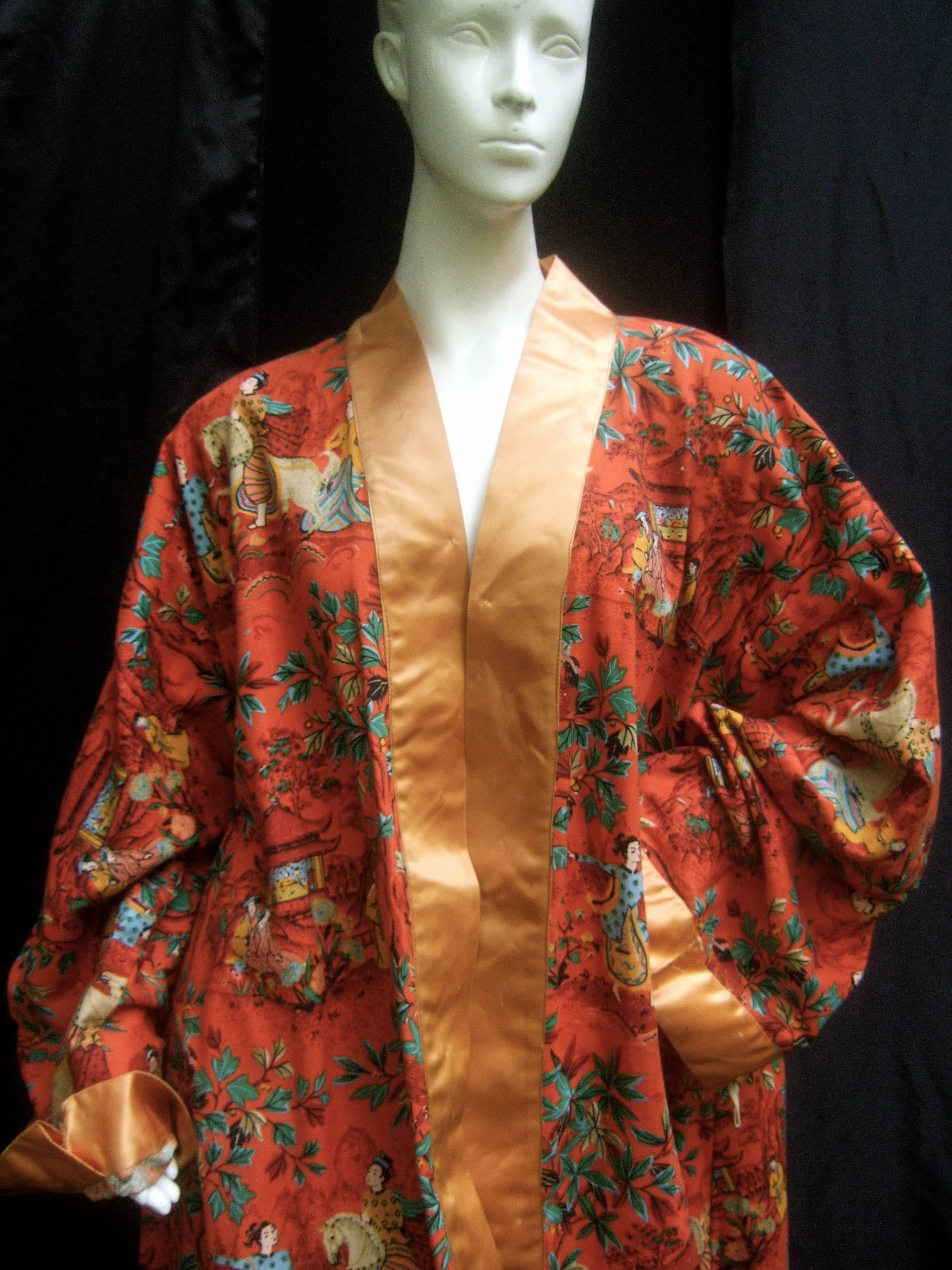Women's Asian Theme Cotton Illustrated Duster Robe Coat c 1970s For Sale