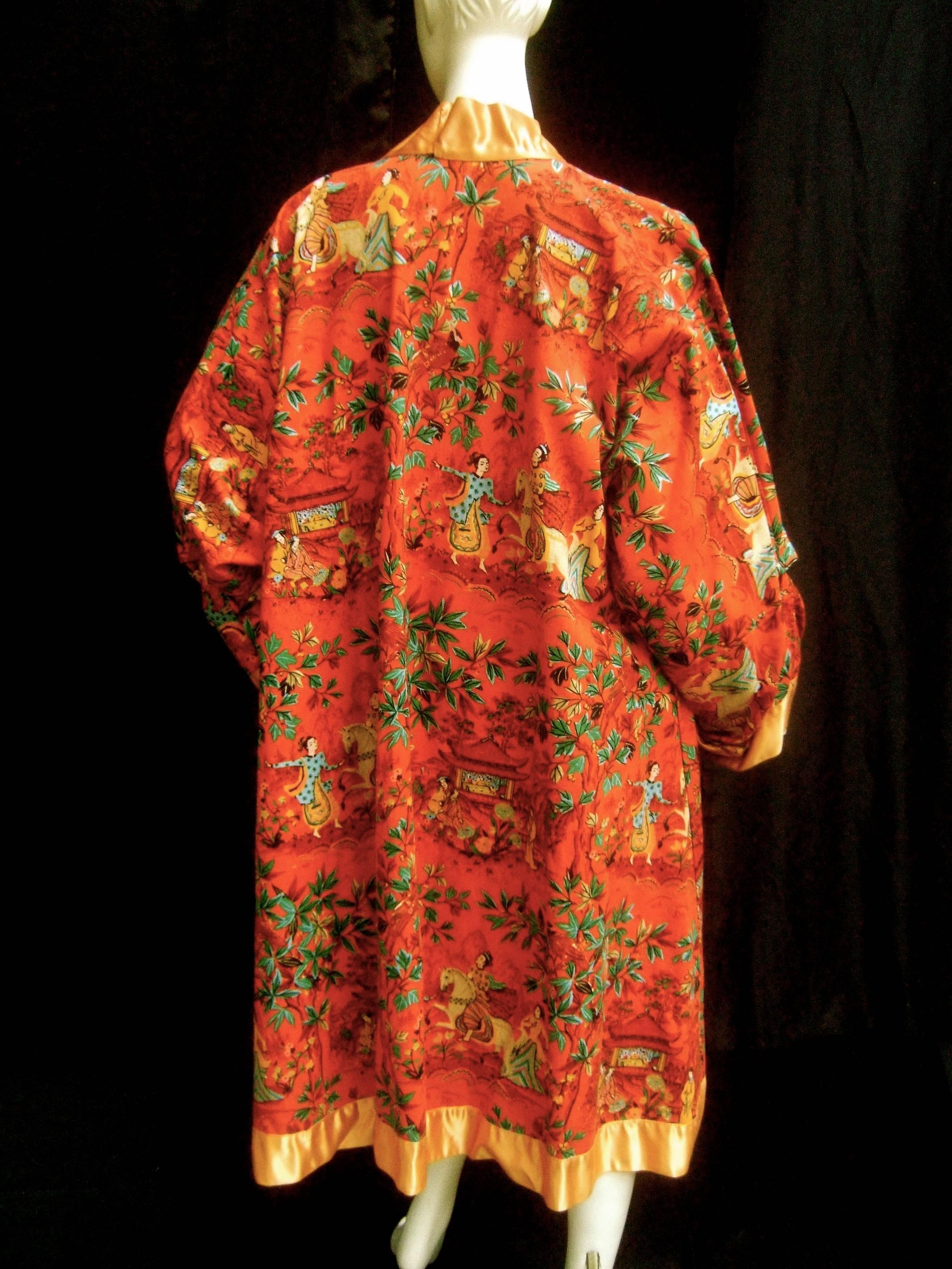 Asian Theme Cotton Illustrated Duster Robe Coat c 1970s For Sale 2