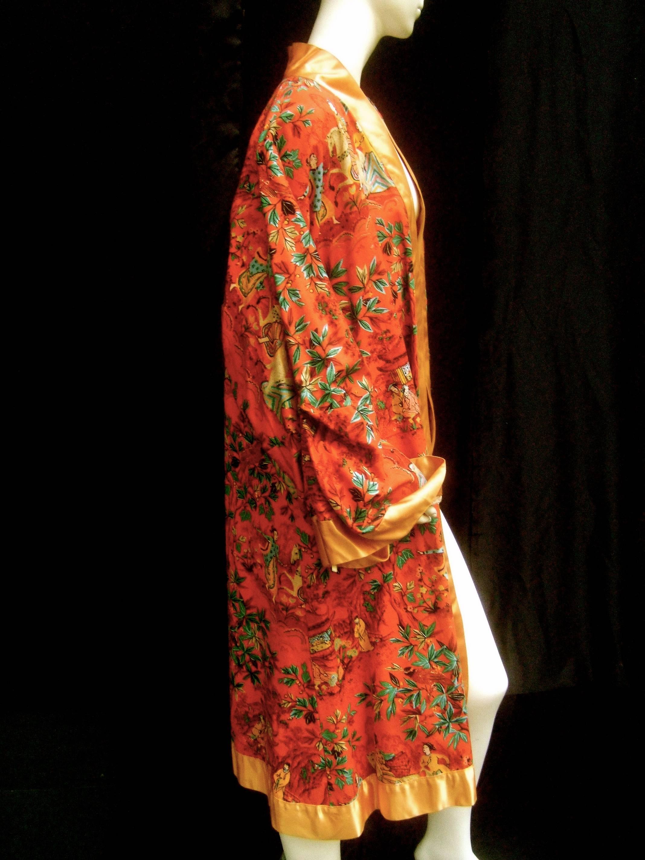 Asian Theme Cotton Illustrated Duster Robe Coat c 1970s For Sale 3