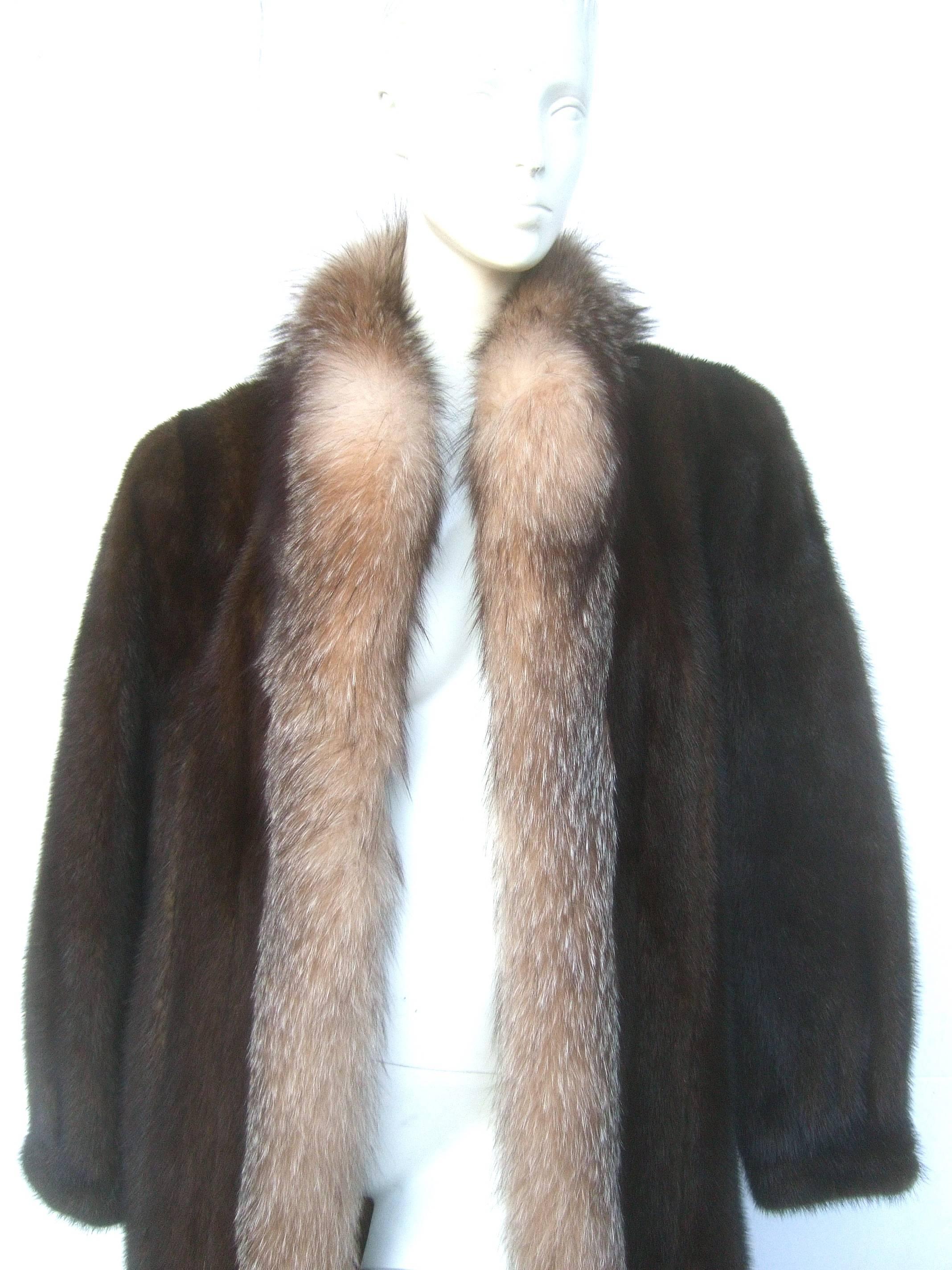 Black Luxurious Mahogany Mink Fox Trim Coat for Neiman Marcus c 1980s