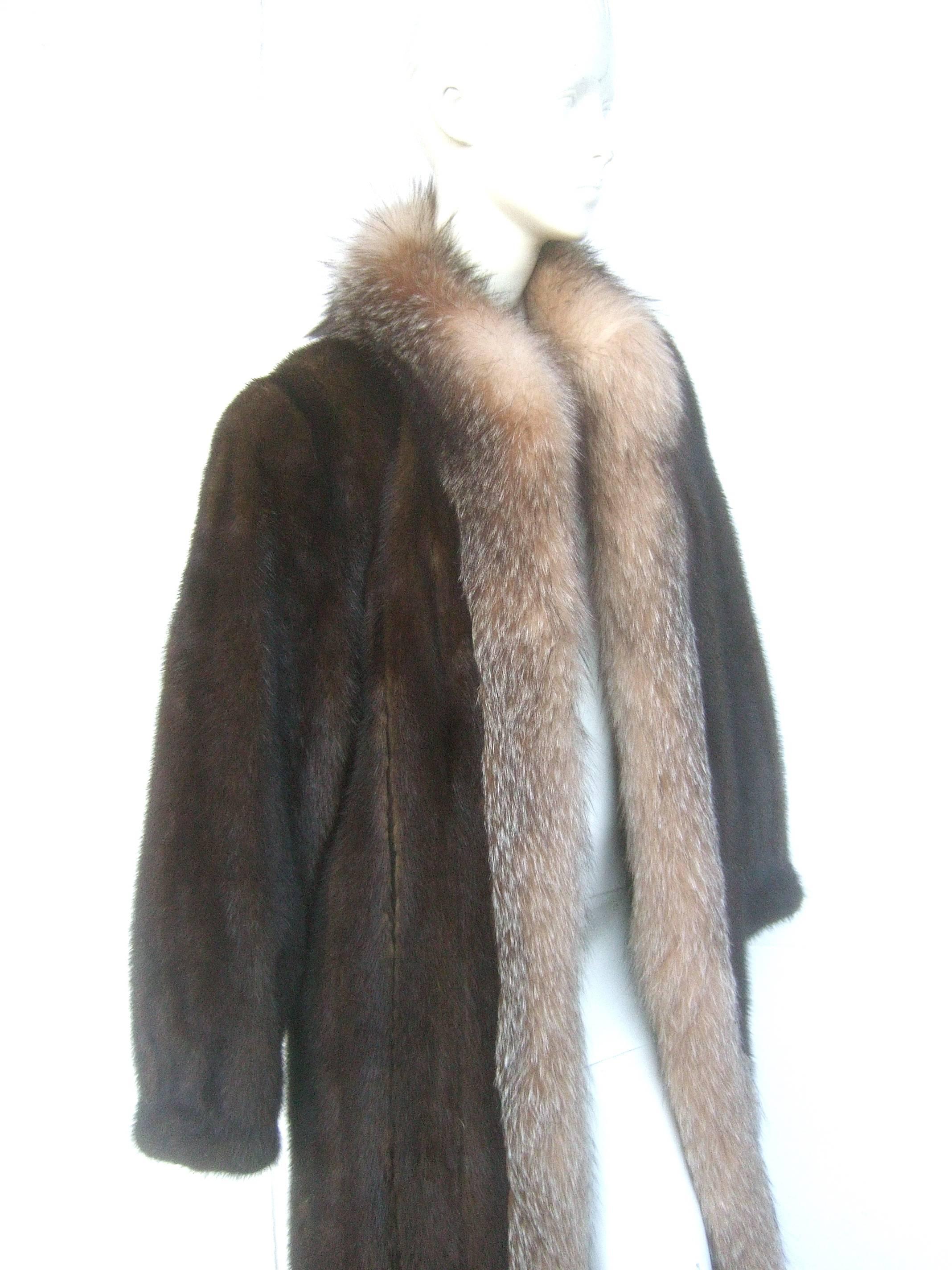 Luxurious Mahogany Mink Fox Trim Coat for Neiman Marcus c 1980s In Good Condition In University City, MO