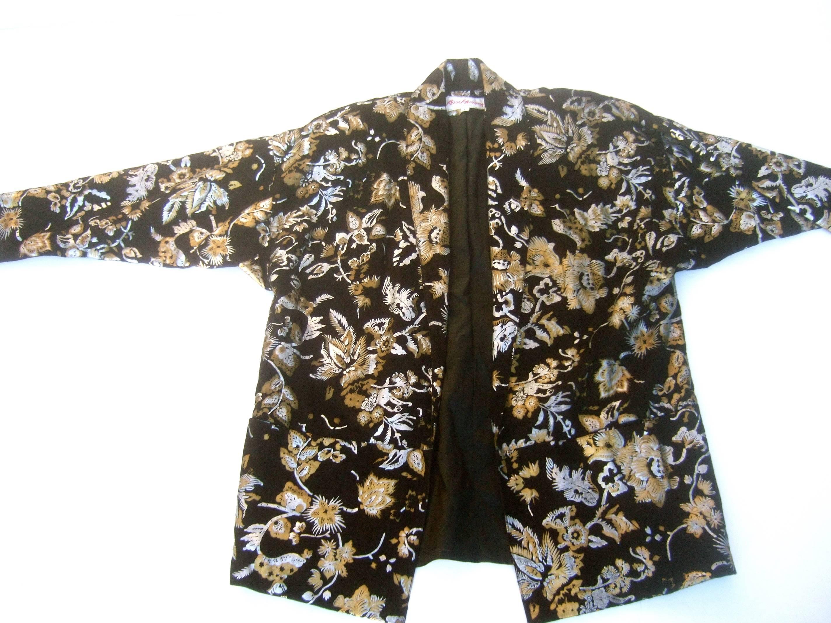 1980s Black Plush Suede Floral Metallic Jacket Size L  For Sale 3