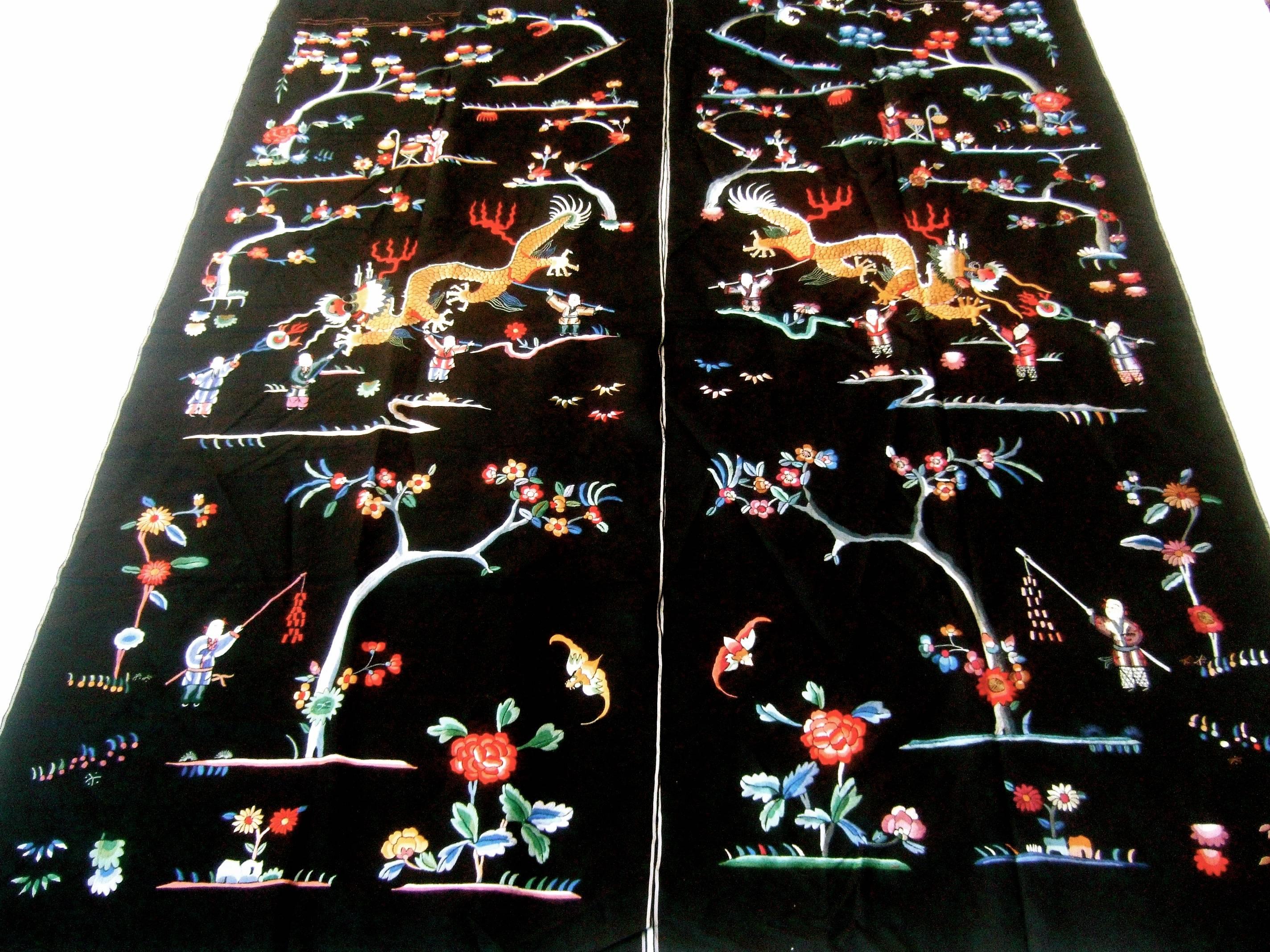 Exotic Embroidered Asian Theme Pair of Satin Fabric Panels c 1970s  In Good Condition In University City, MO