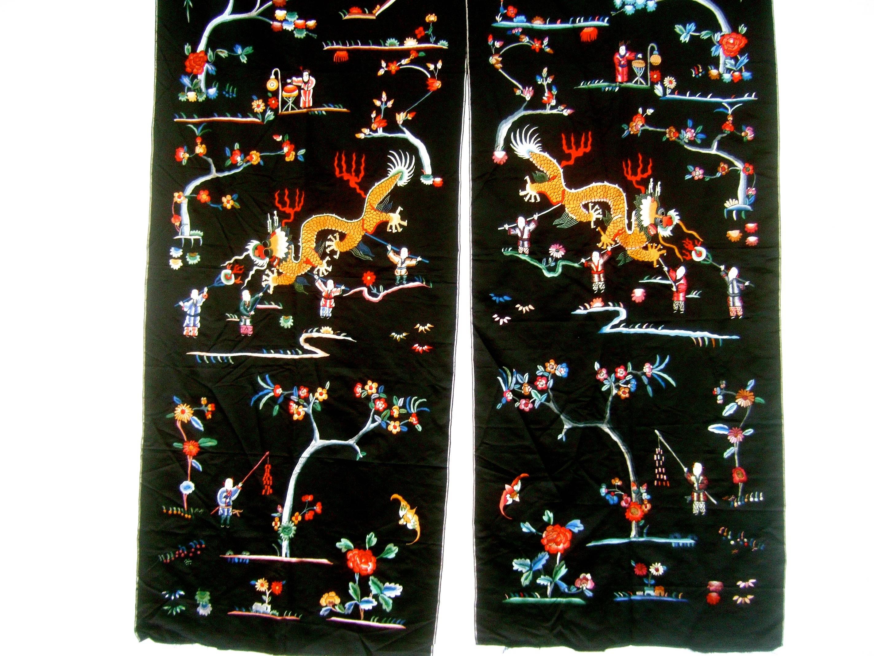 Exotic Embroidered Asian Theme Pair of Satin Fabric Panels c 1970s  2