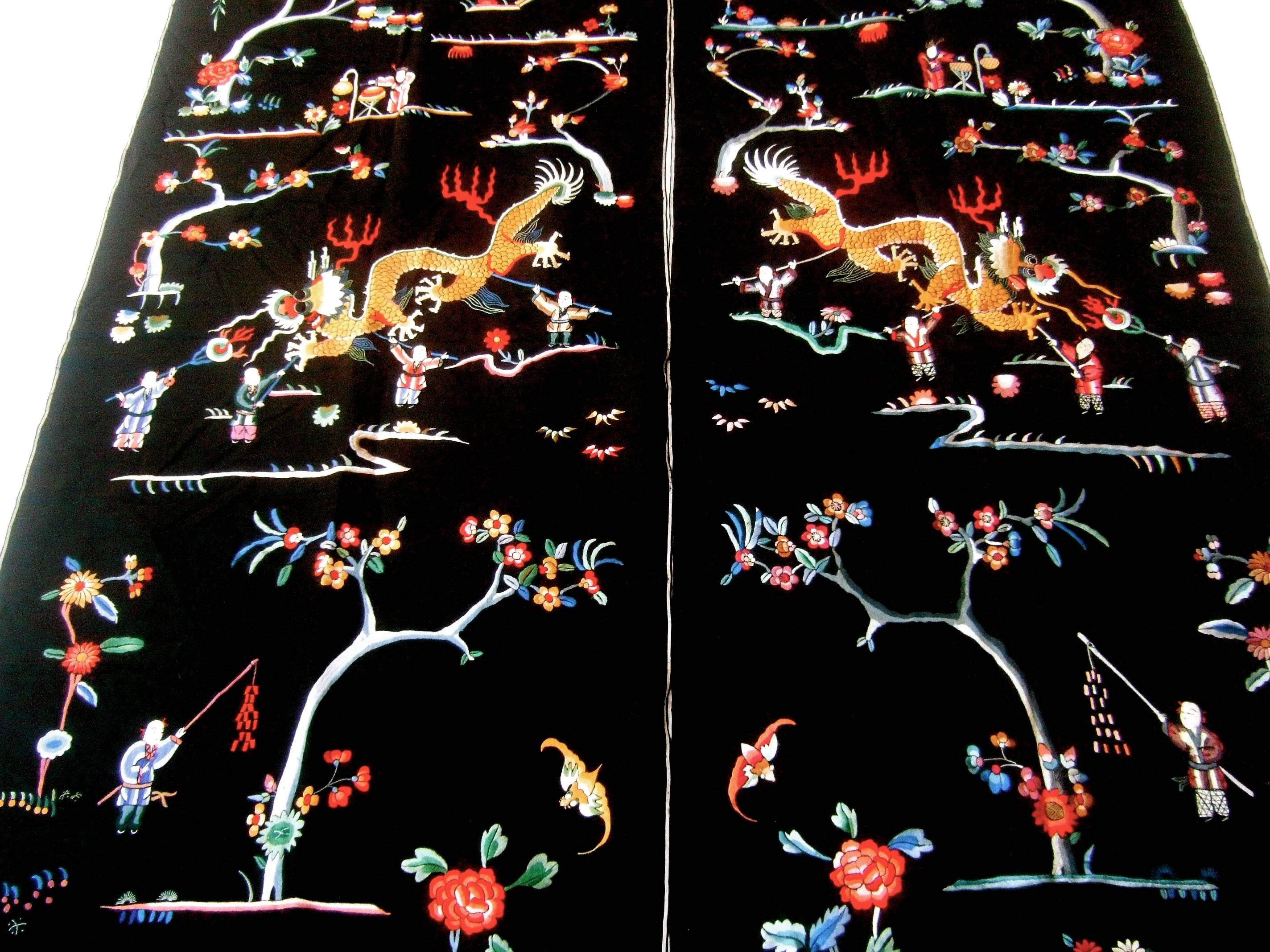 Exotic Embroidered Asian Theme Pair of Satin Fabric Panels c 1970s  3