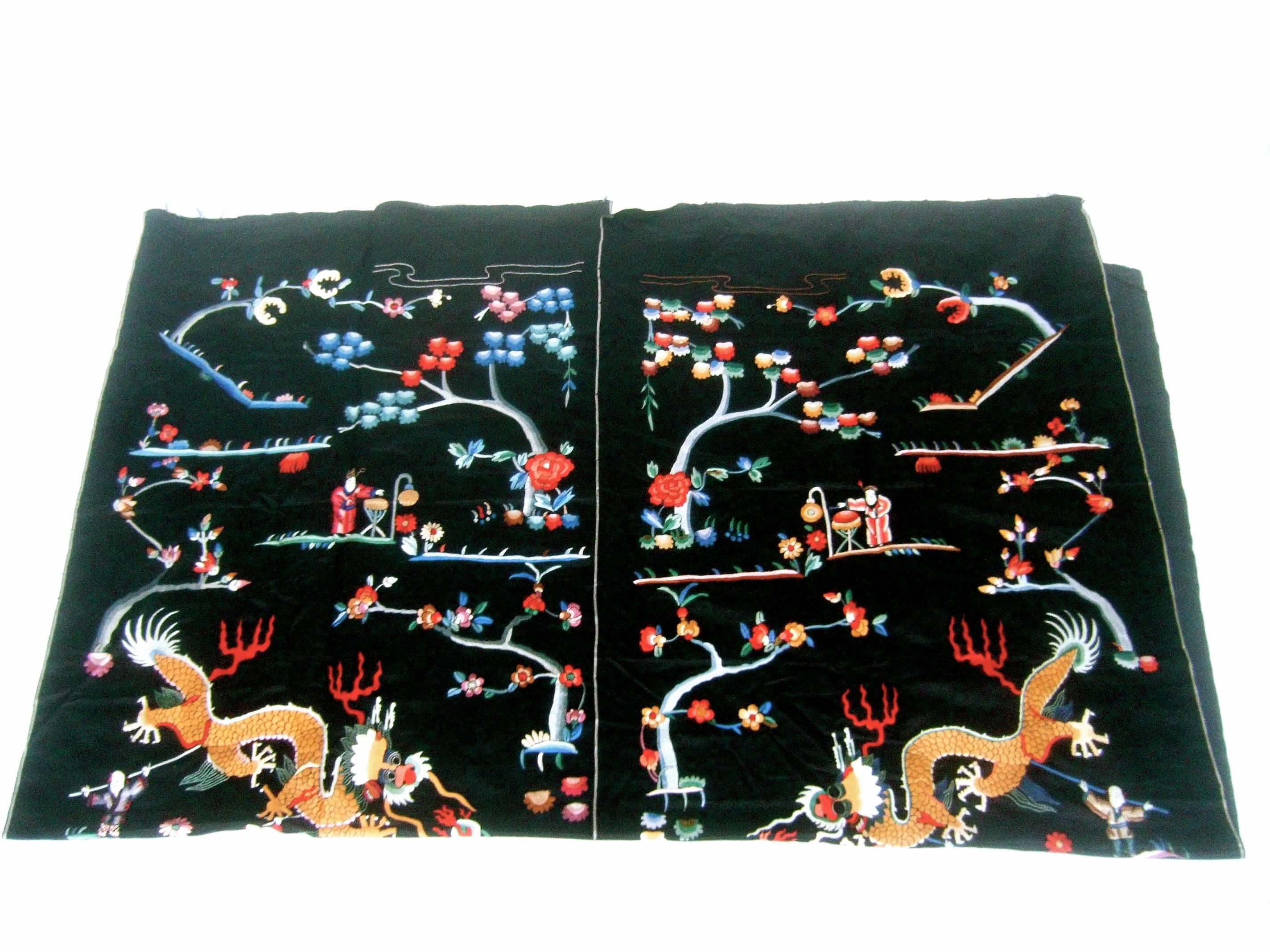 Exotic Embroidered Asian Theme Pair of Satin Fabric Panels c 1970s  4