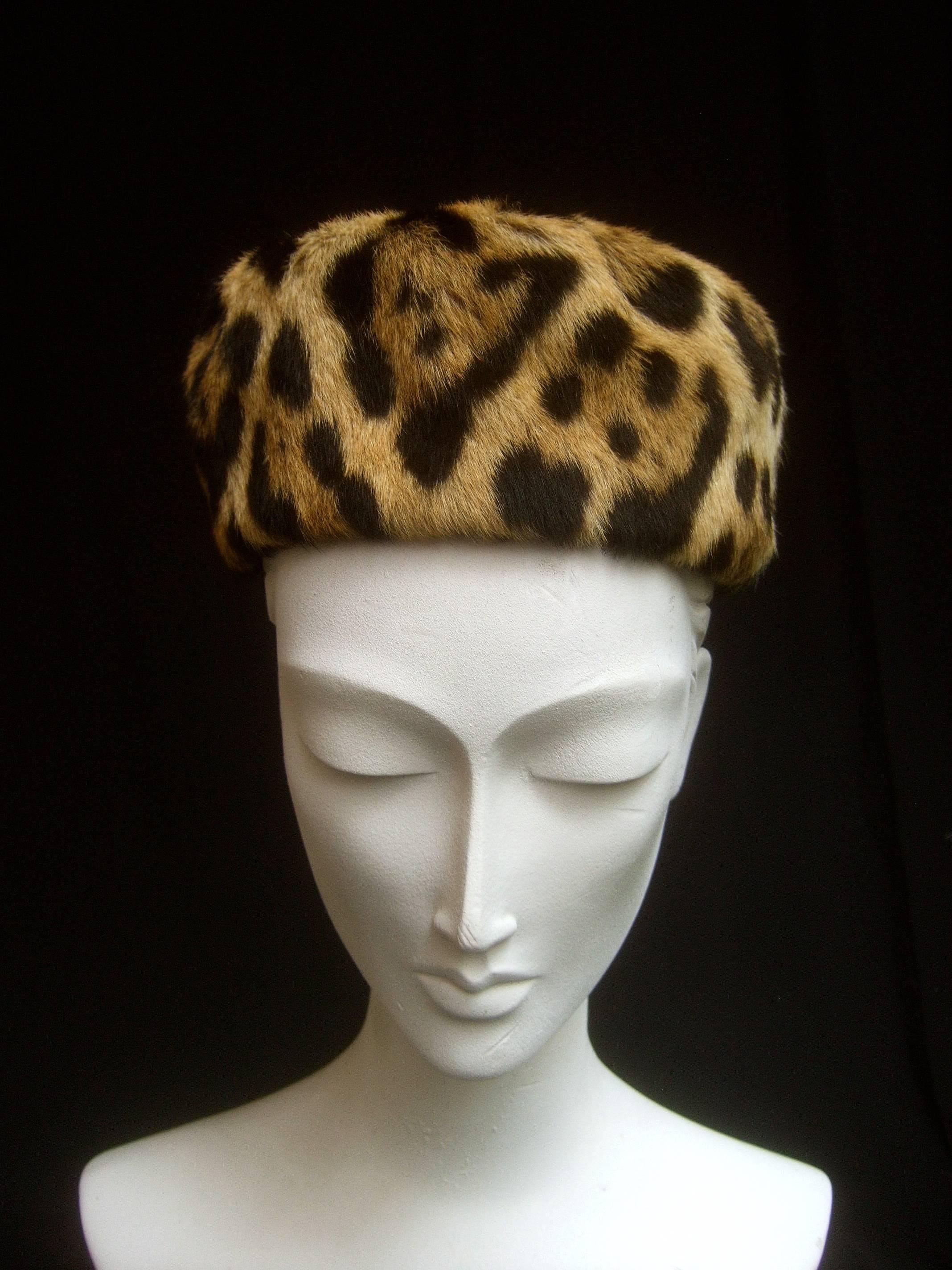 Brown Saks Fifth Avenue Chic Stamped Animal Print Fur Pill Box Hat c 1960 