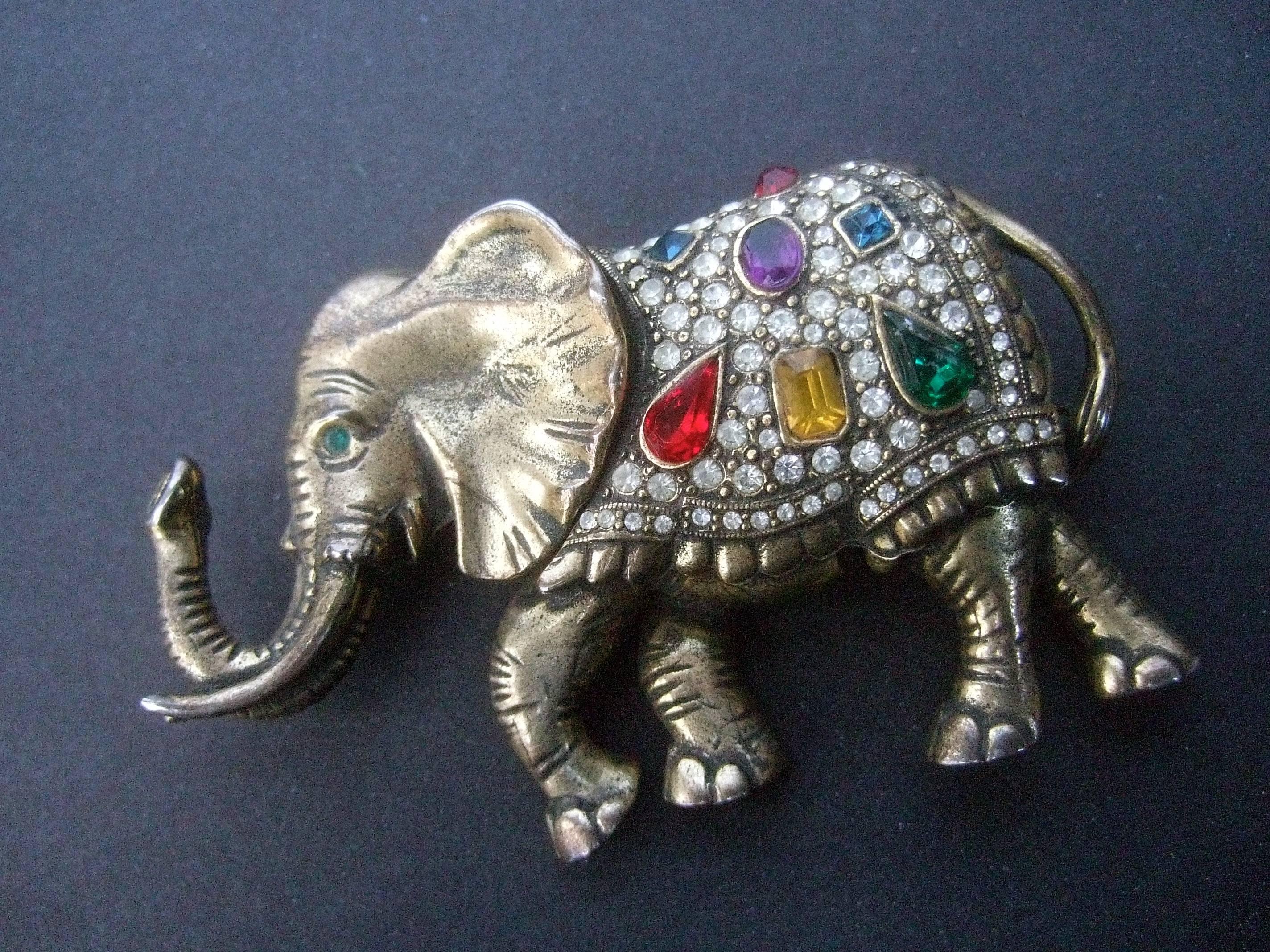 Jeweled Crystal Brass Metal Elephant Brooch circa 1970s In Good Condition In University City, MO