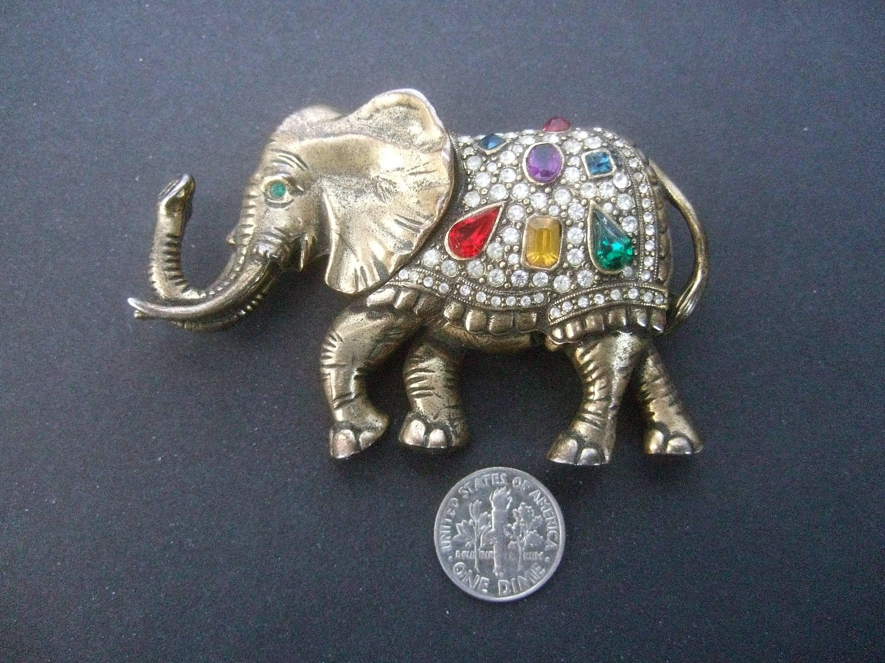 Women's Jeweled Crystal Brass Metal Elephant Brooch circa 1970s