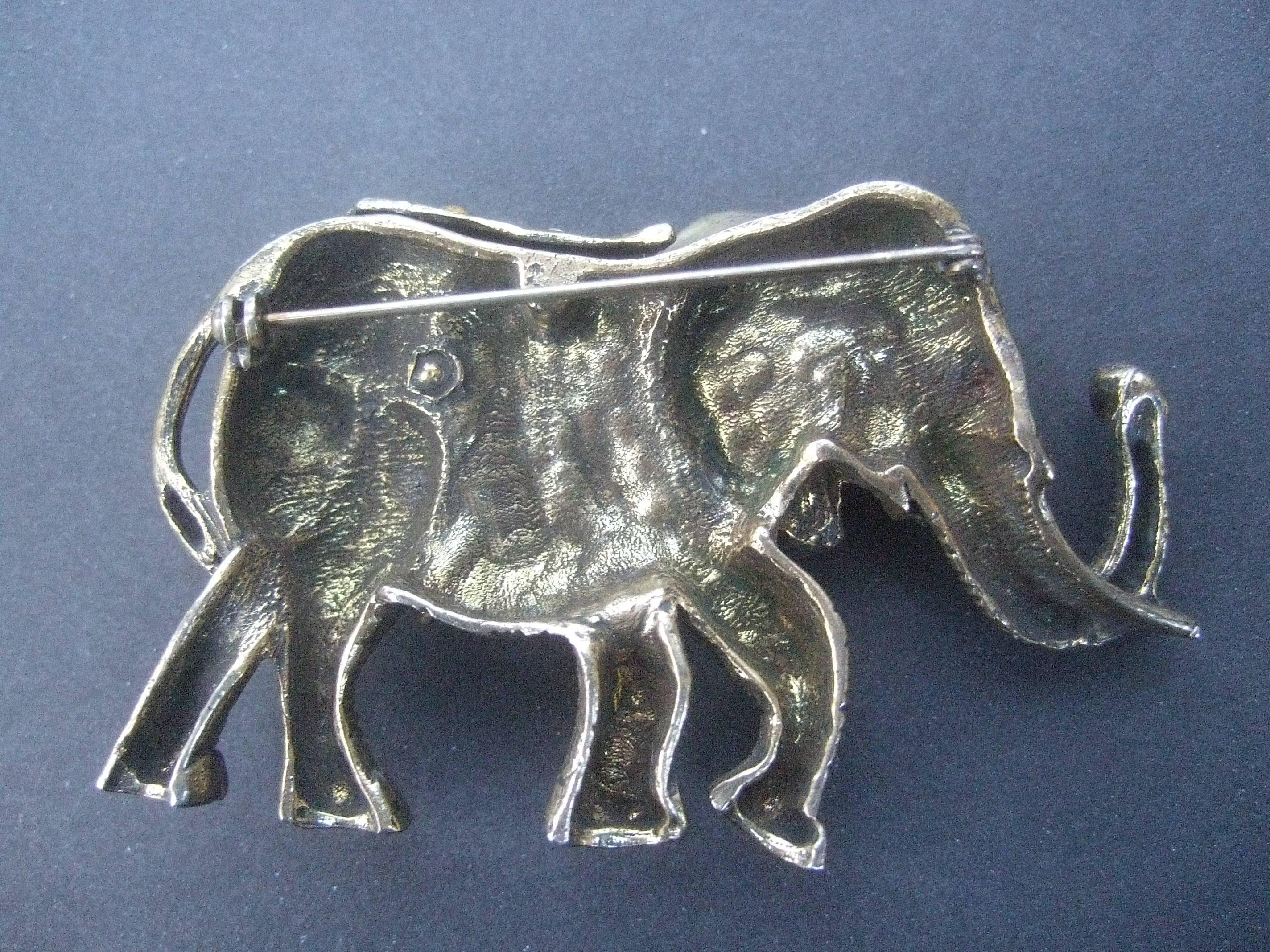 Jeweled Crystal Brass Metal Elephant Brooch circa 1970s 1