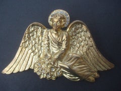 Massive Gilt Metal Crystal Winged Angel Brooch c 1980s