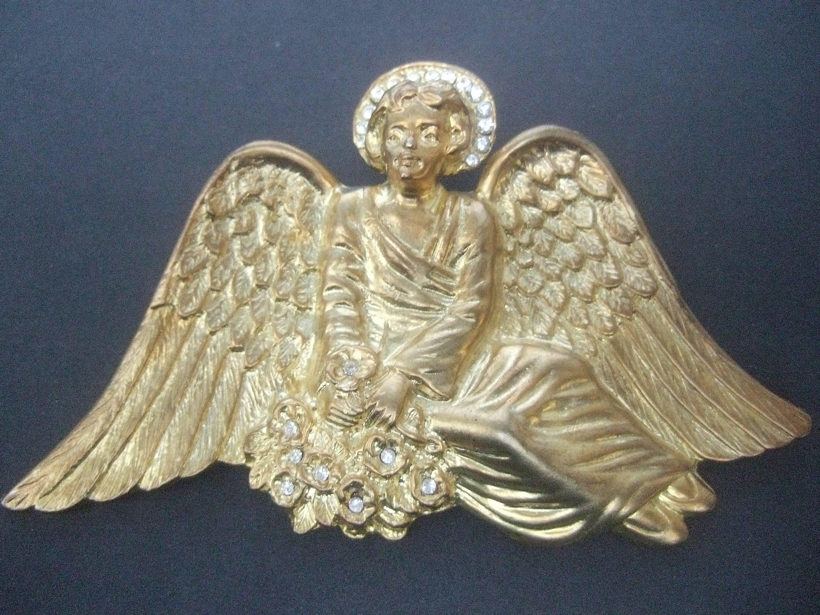 Massive Gilt Metal Crystal Winged Angel Brooch c 1980s  In Excellent Condition In University City, MO