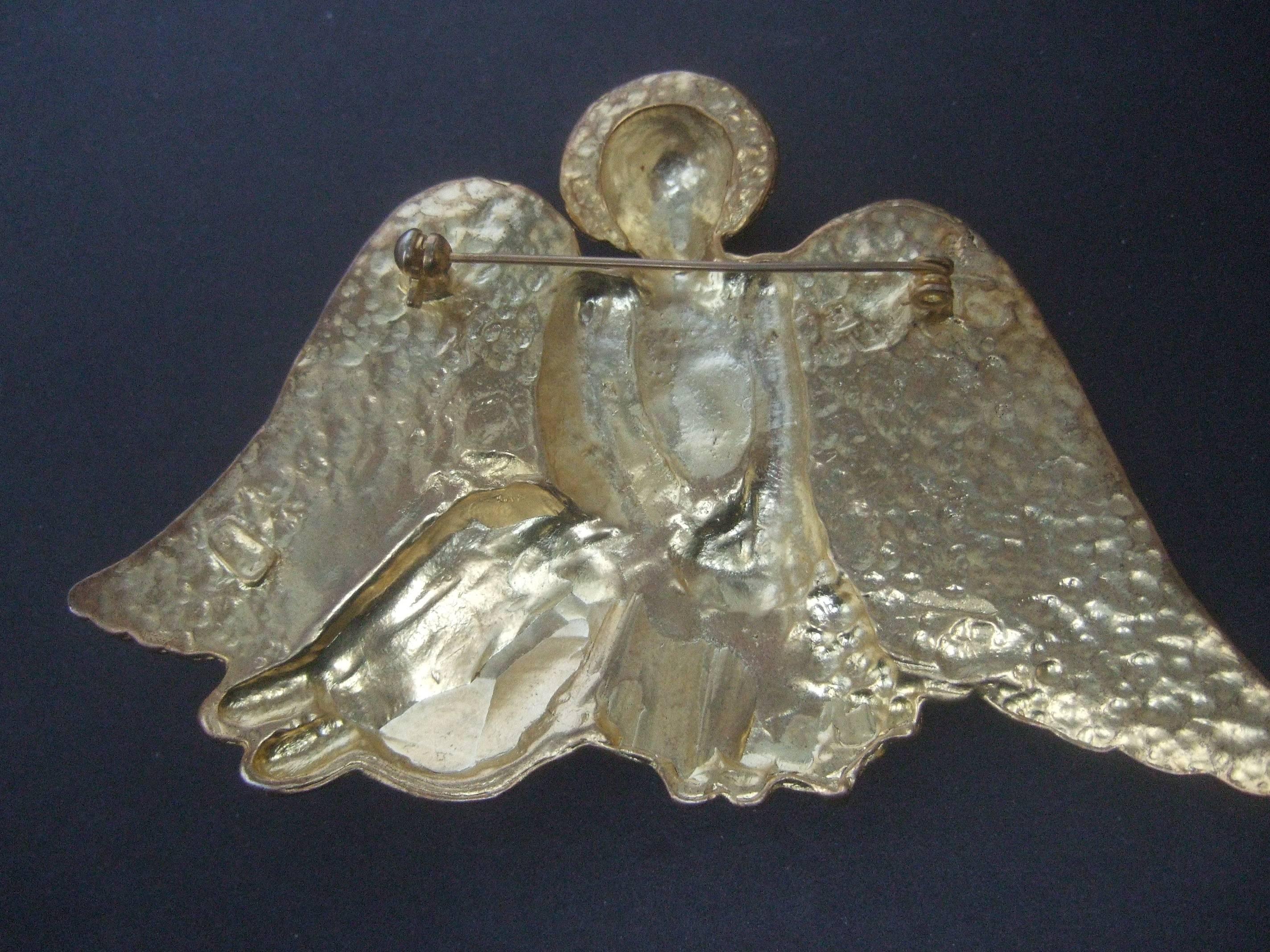 Massive Gilt Metal Crystal Winged Angel Brooch c 1980s  1