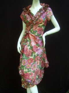 Lucie Ann Beverly Hills Taffeta Rose Print Wrap Dress c 1960