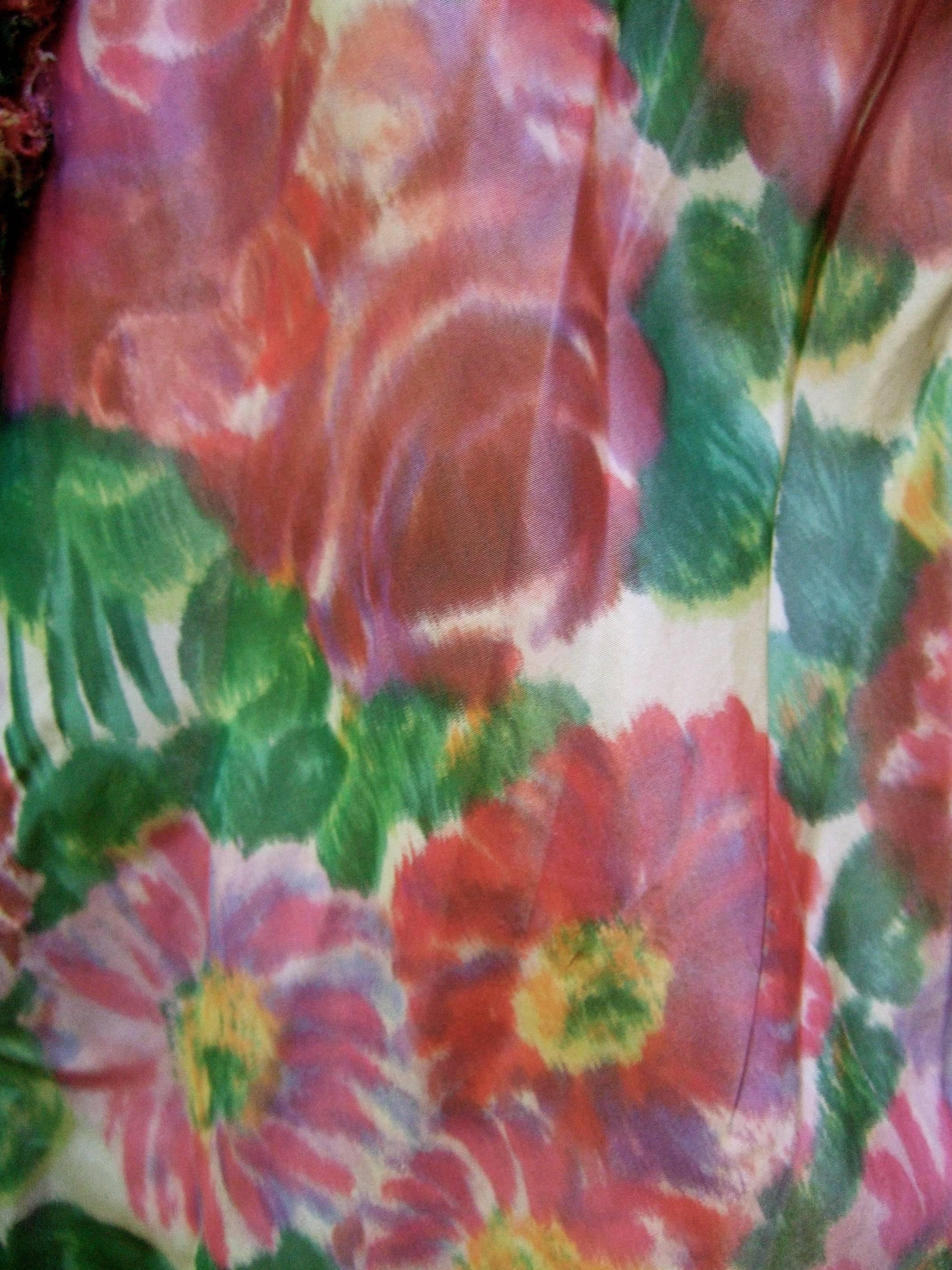 Brown Lucie Ann Beverly Hills Taffeta Rose Print Wrap Dress c 1960 For Sale