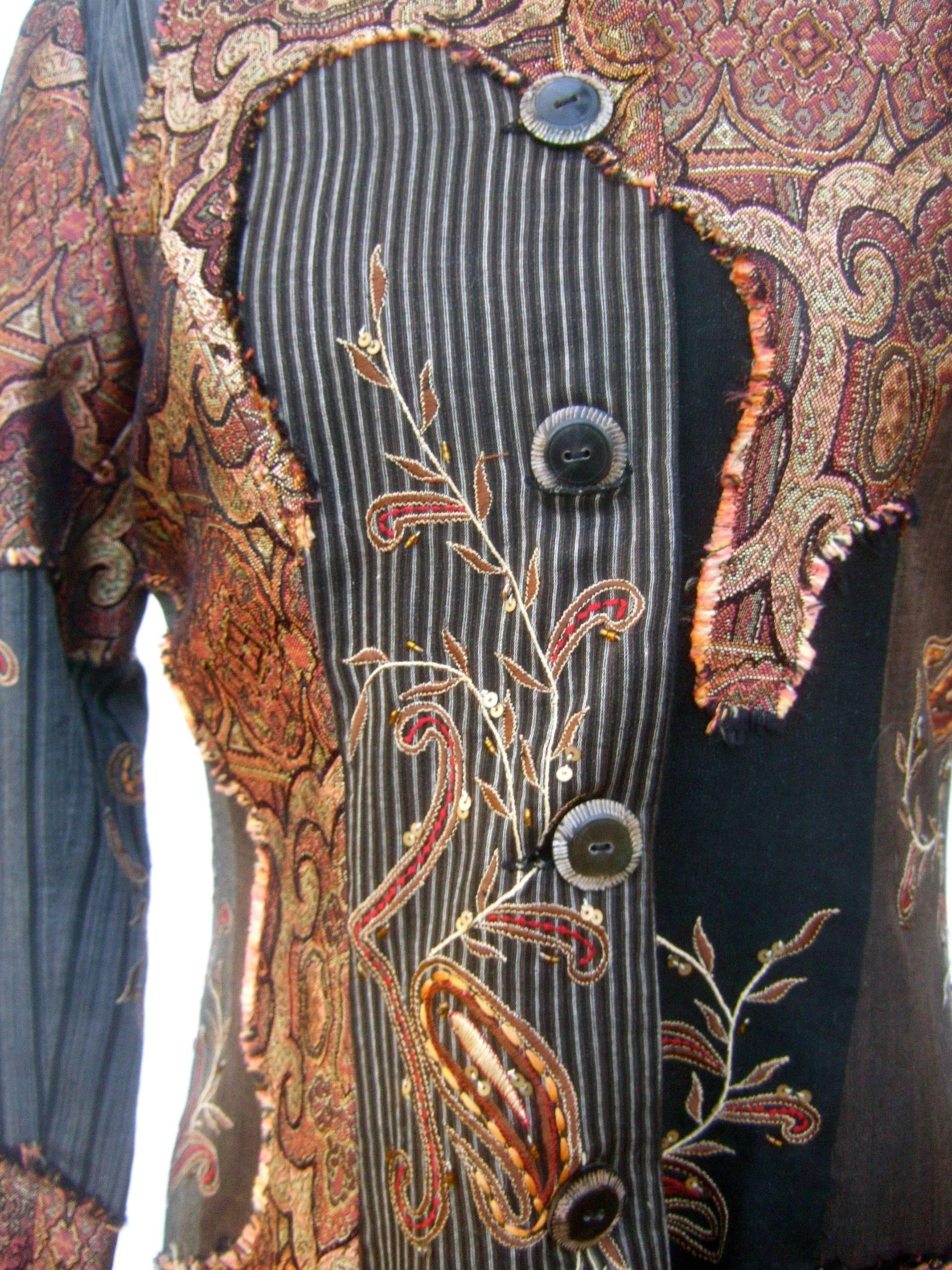 Brown Neiman Marcus Bohemian Paisley Cotton Applique Duster Coat c 1990s