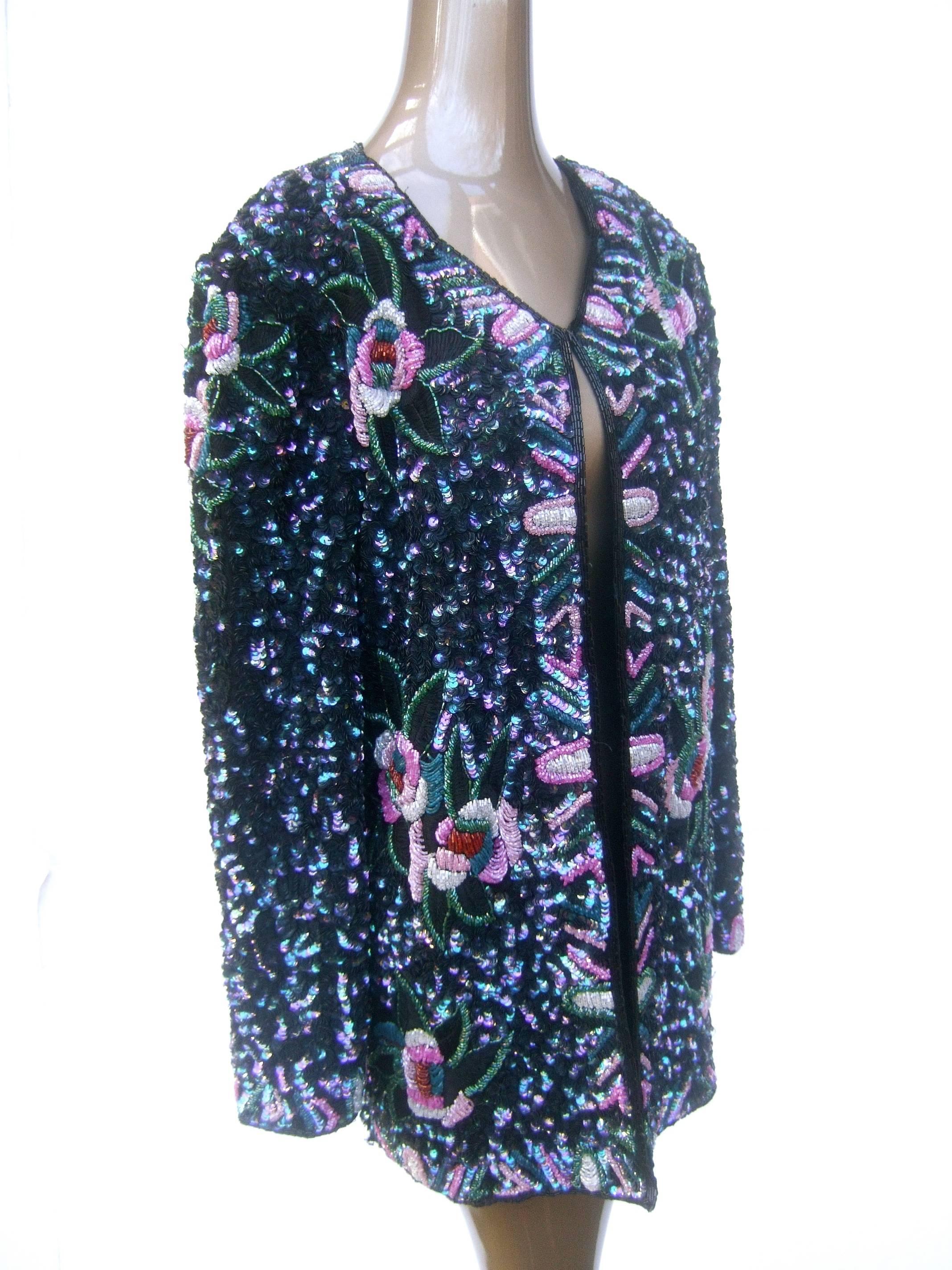 Silk Glass Beaded Sequined Evening Jacket for Saks Fifth Avenue c 1980s In Good Condition For Sale In University City, MO