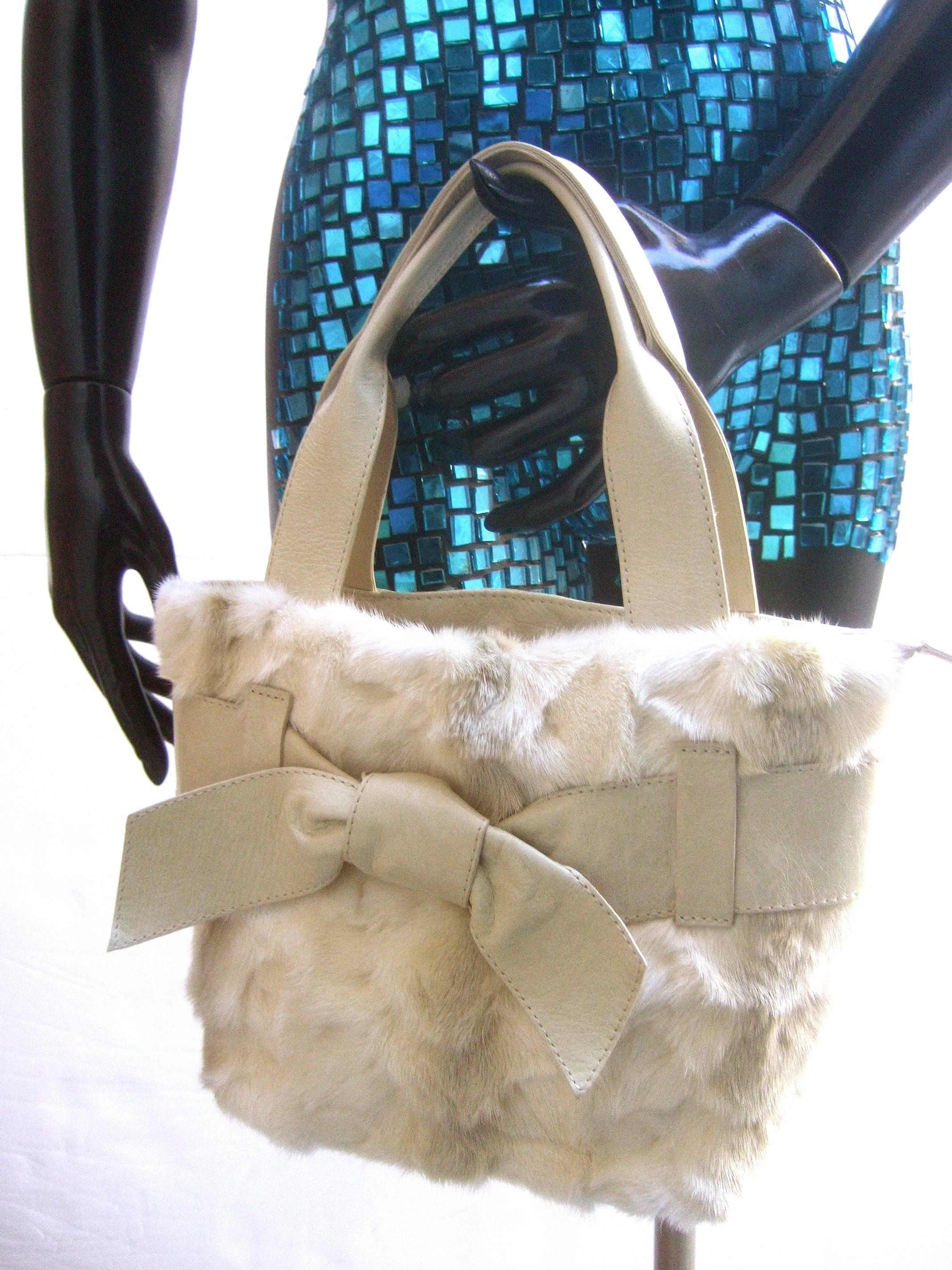 Gray Italian Blonde Mink Fur Ivory Leather Handbag  