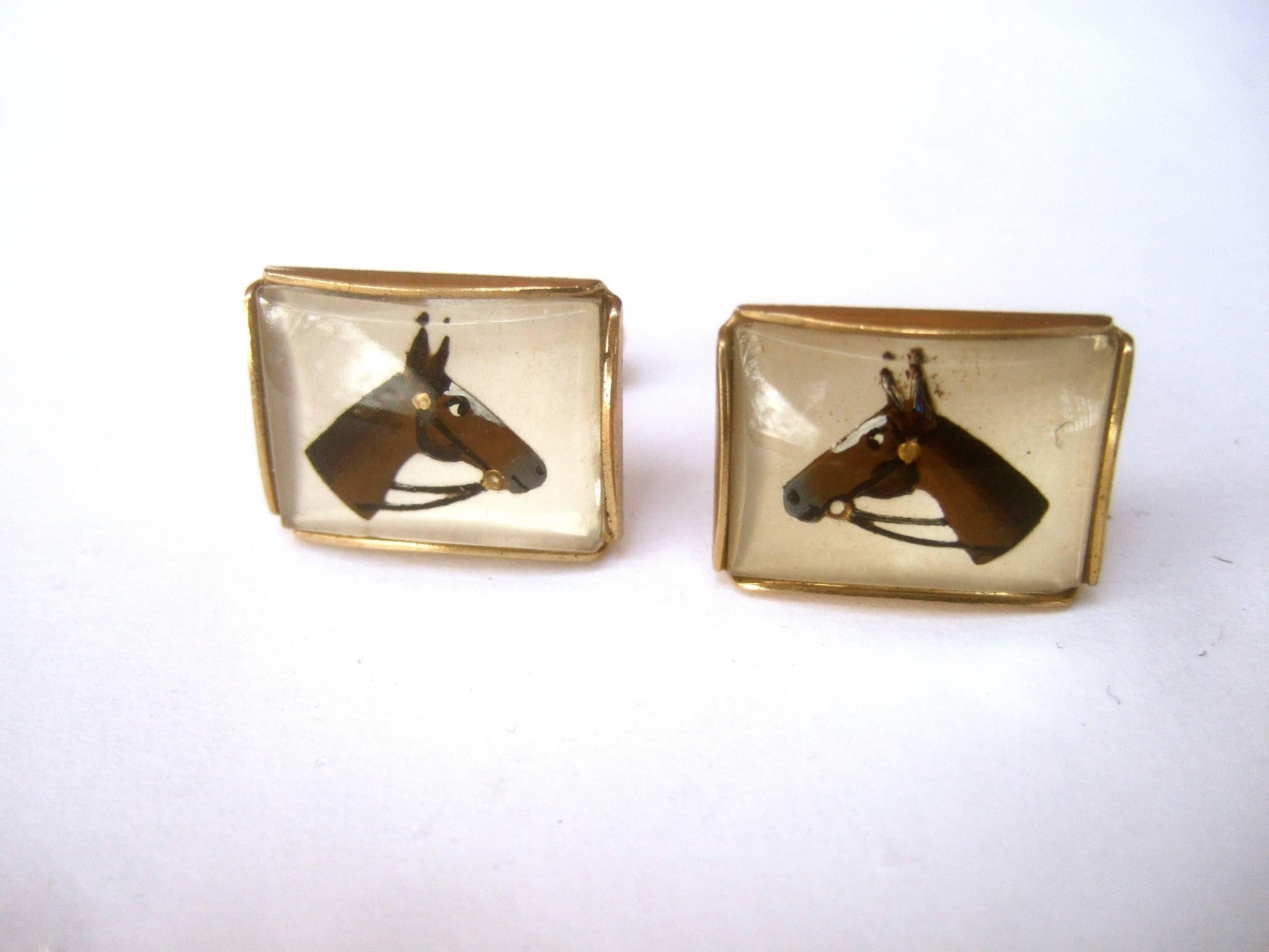 Brown 1950s Glass Equine Tie Bar & Cuff Links Set  For Sale
