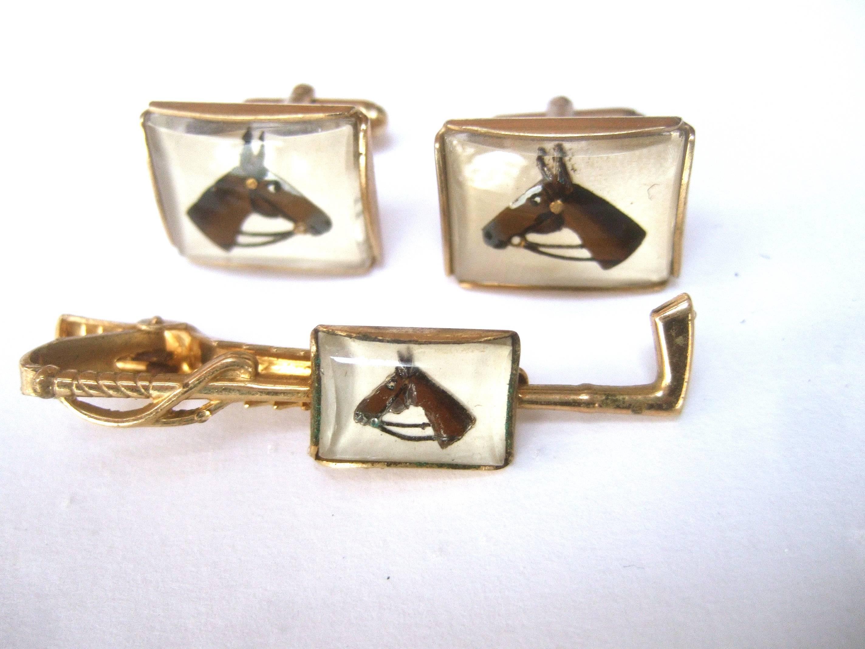1950s Glass Equine Tie Bar & Cuff Links Set  For Sale 1