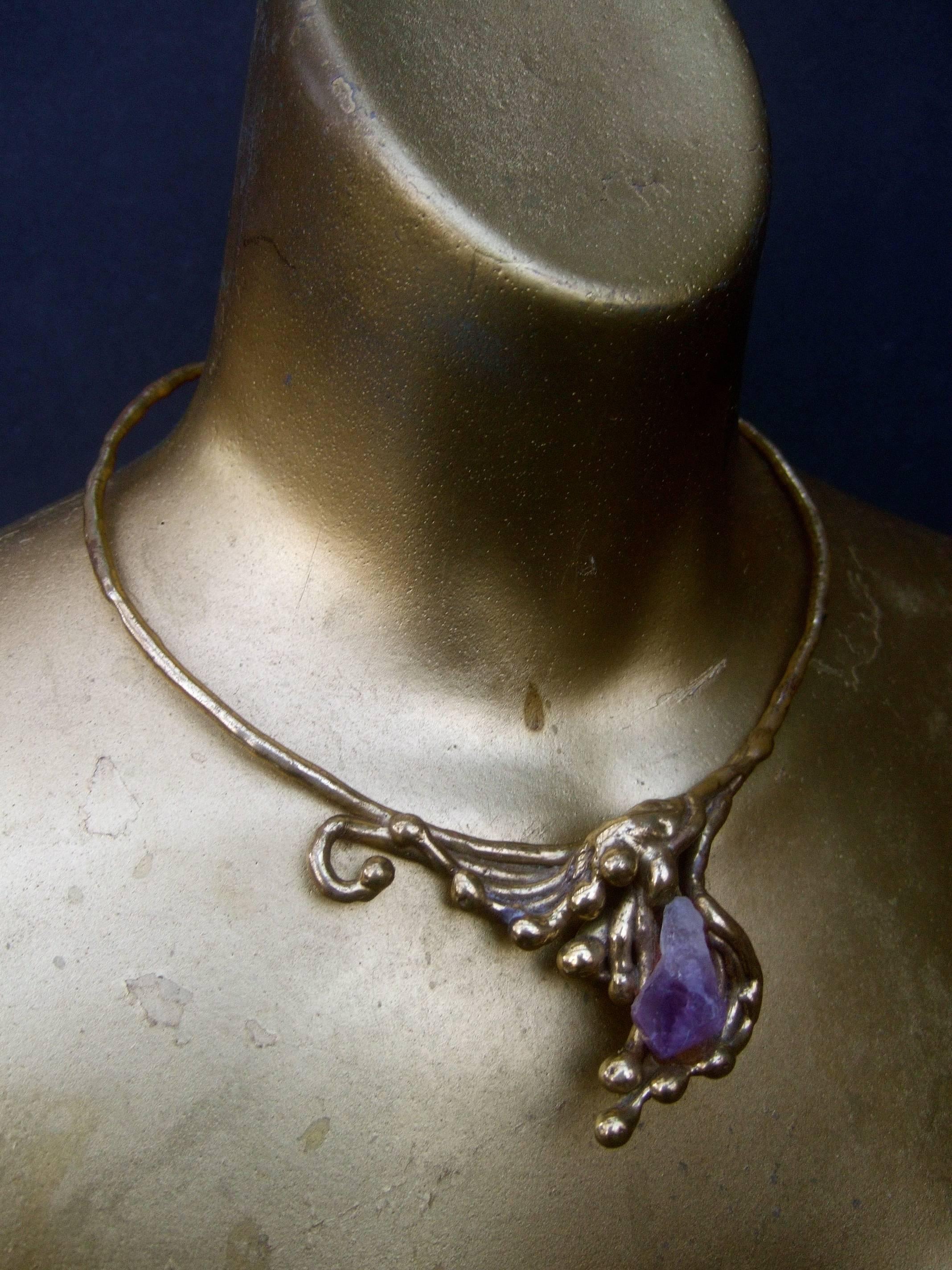 Amethyst Brass Metal Artisan Choker Necklace c 1970s  4