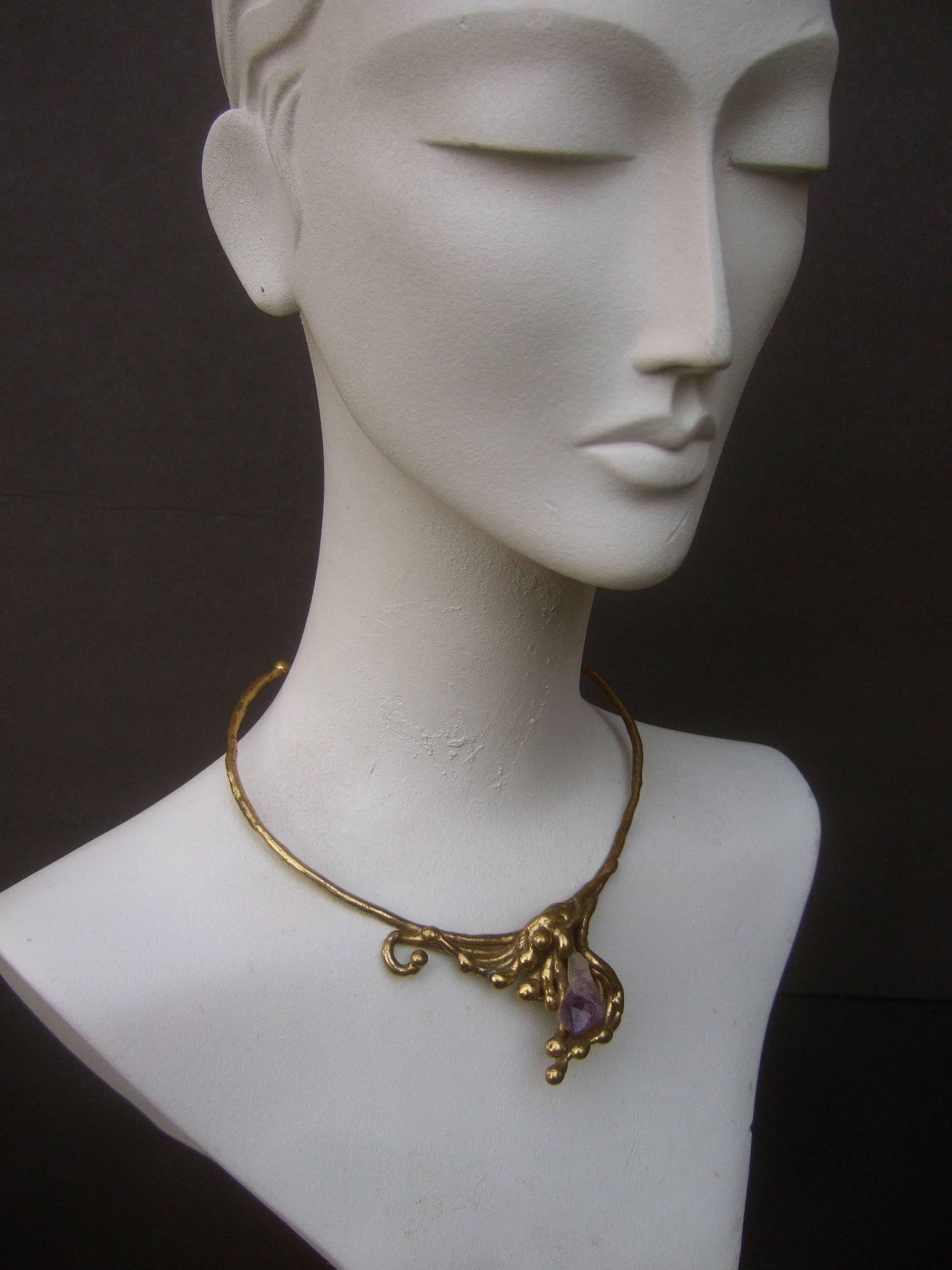 Amethyst Brass Metal Artisan Choker Necklace c 1970s  5