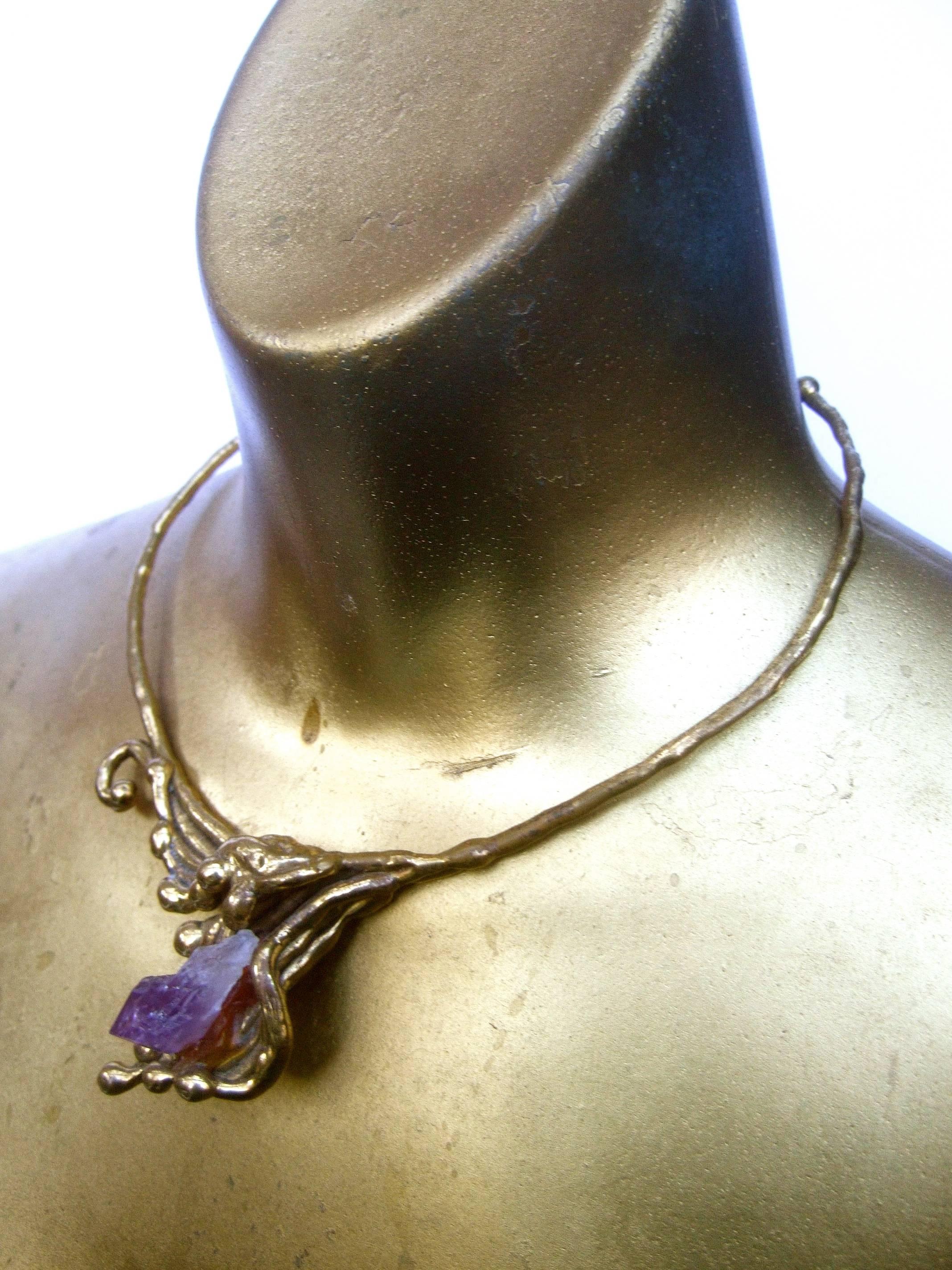 Amethyst Brass Metal Artisan Choker Necklace c 1970s  1