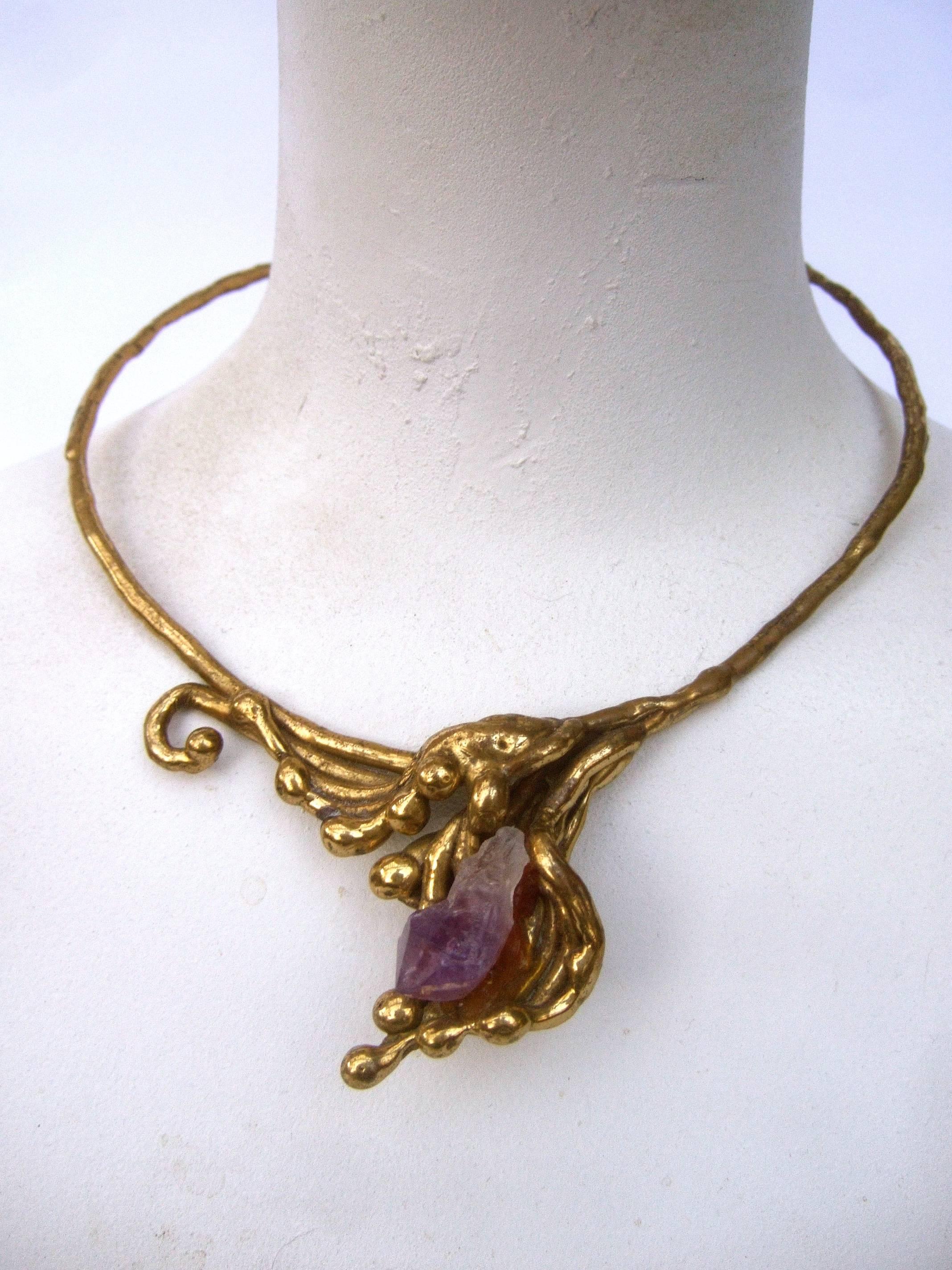 Amethyst Brass Metal Artisan Choker Necklace c 1970s  In Good Condition In University City, MO