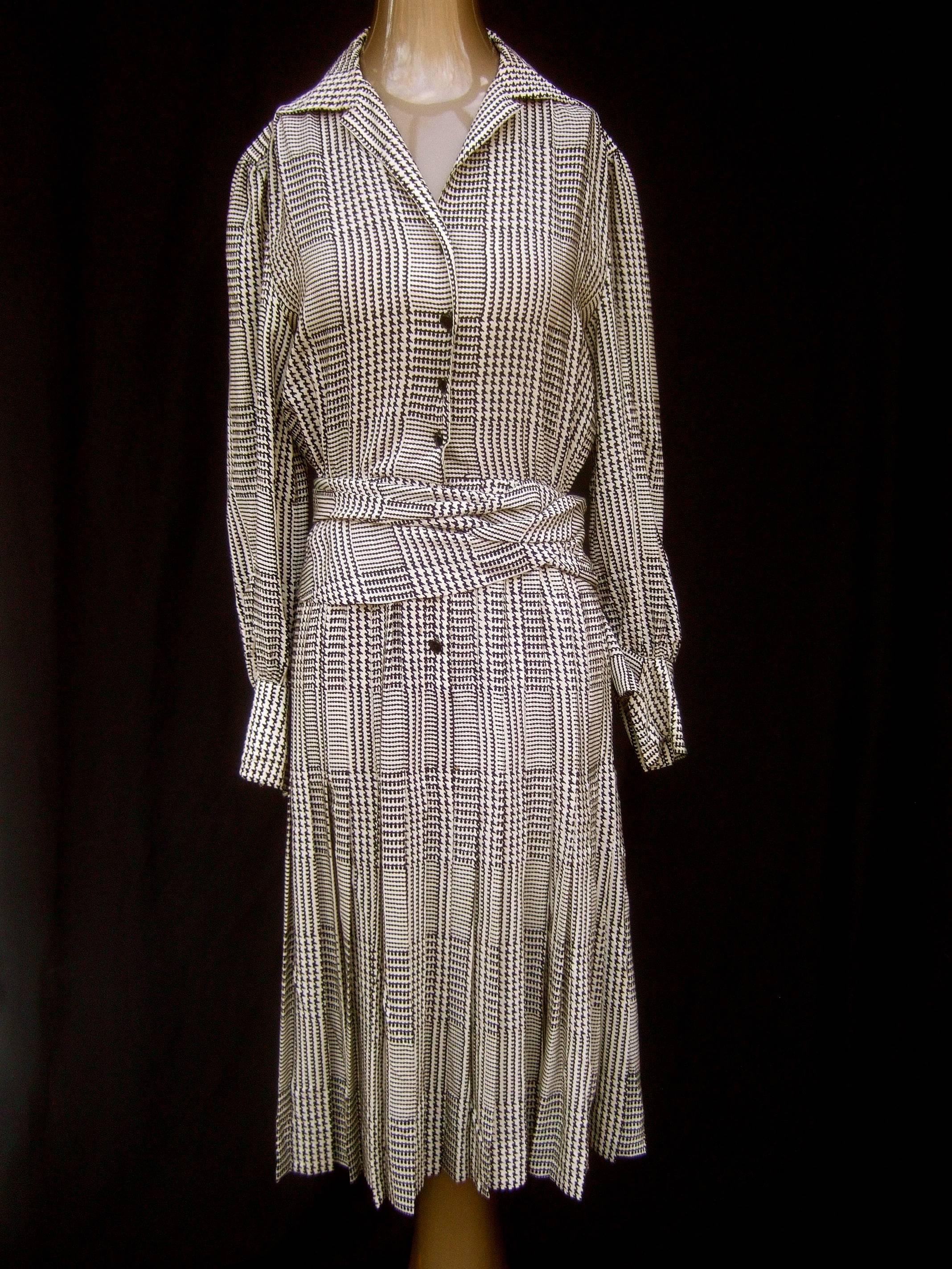 Gray Saint Laurent Rive Gauche Silk Print Belted Houndstooth Dress c 1980s 