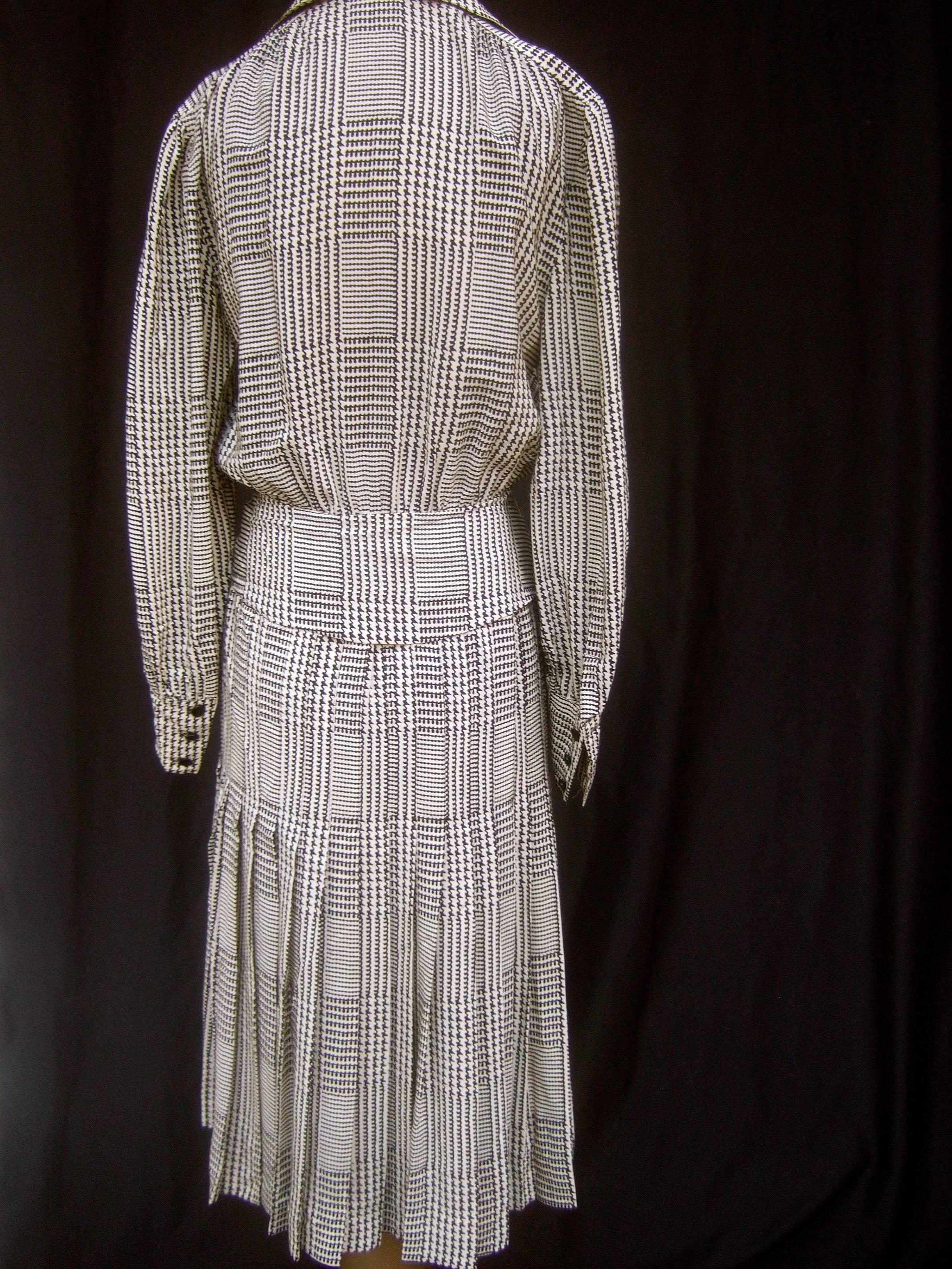 Saint Laurent Rive Gauche Silk Print Belted Houndstooth Dress c 1980s  5