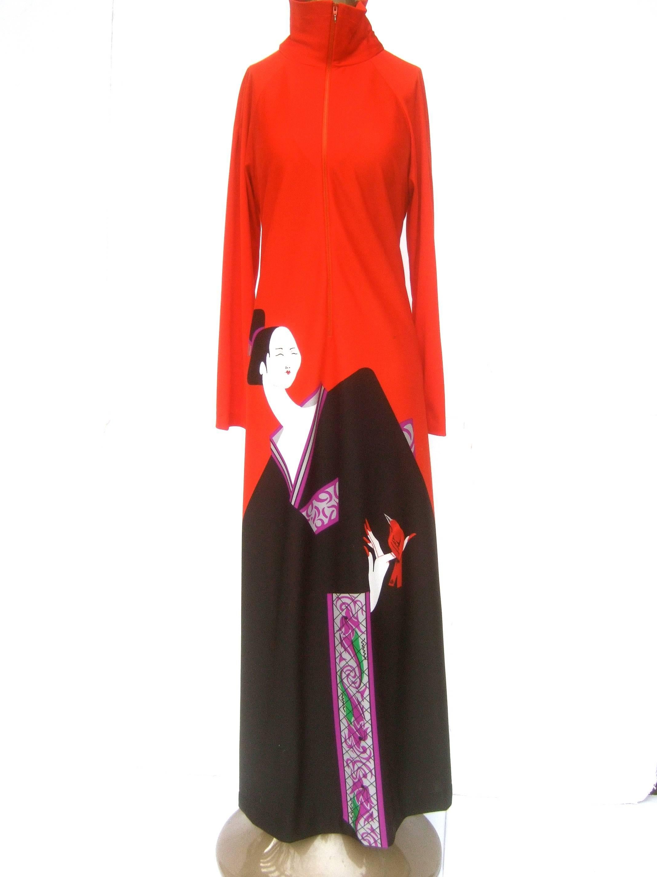 1970s Japanese Inspired Graphic Print Lounge Gown for Saks Fifth Avenue  1
