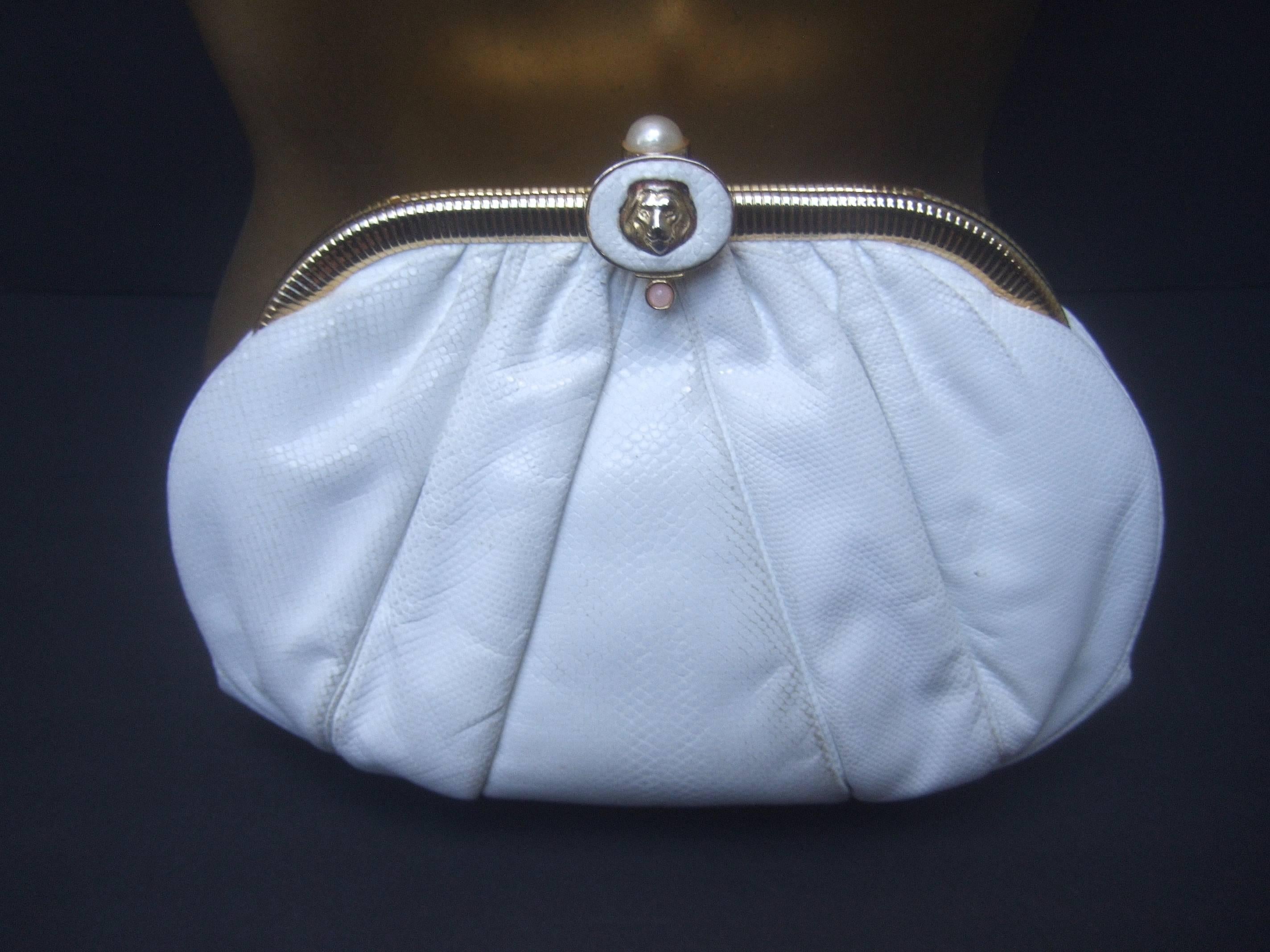 Blue Judith Leiber Lion Clasp Embossed White Leather Handbag c 1980s