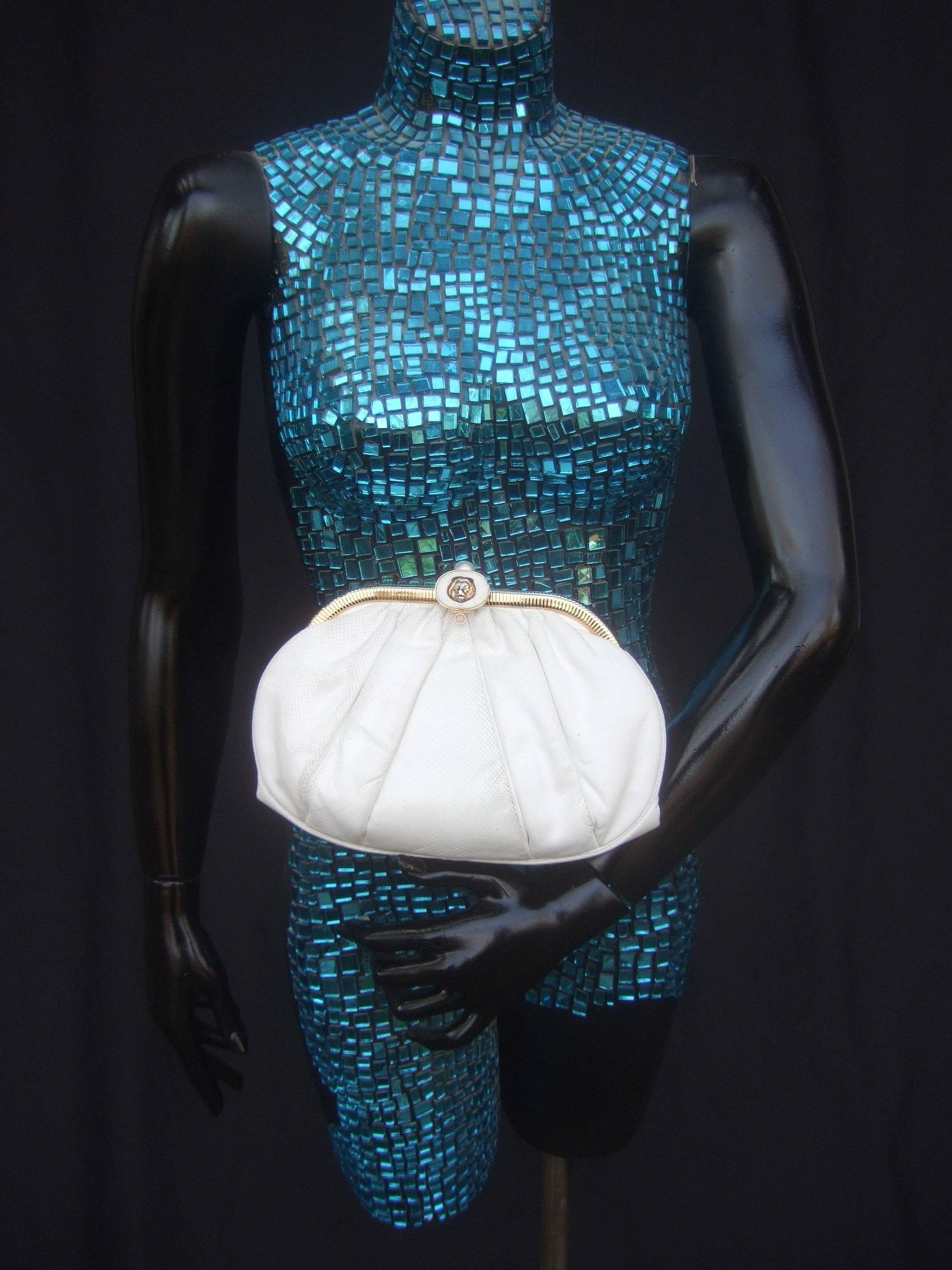 Women's Judith Leiber Lion Clasp Embossed White Leather Handbag c 1980s