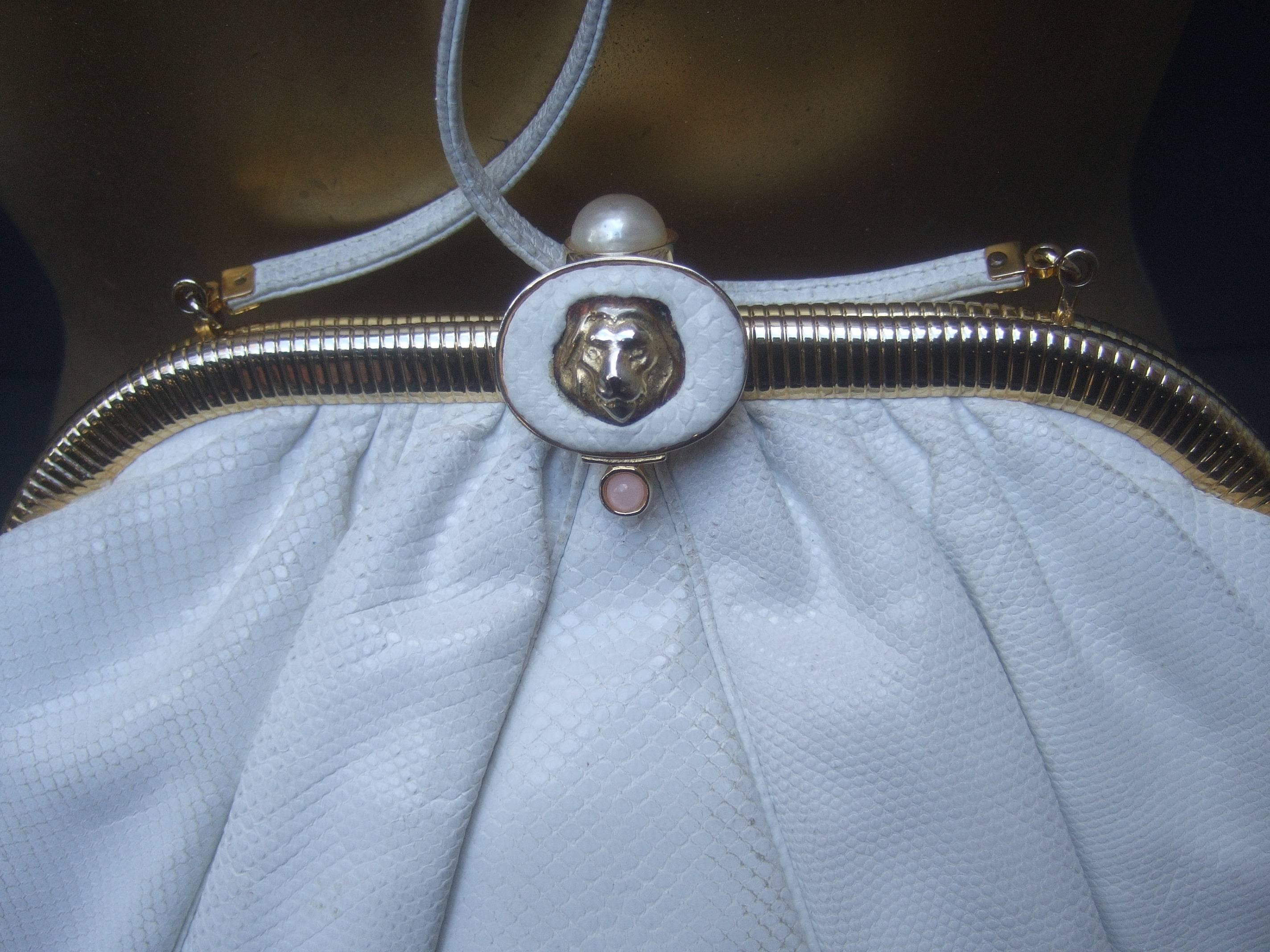 Judith Leiber Lion Clasp Embossed White Leather Handbag c 1980s 2