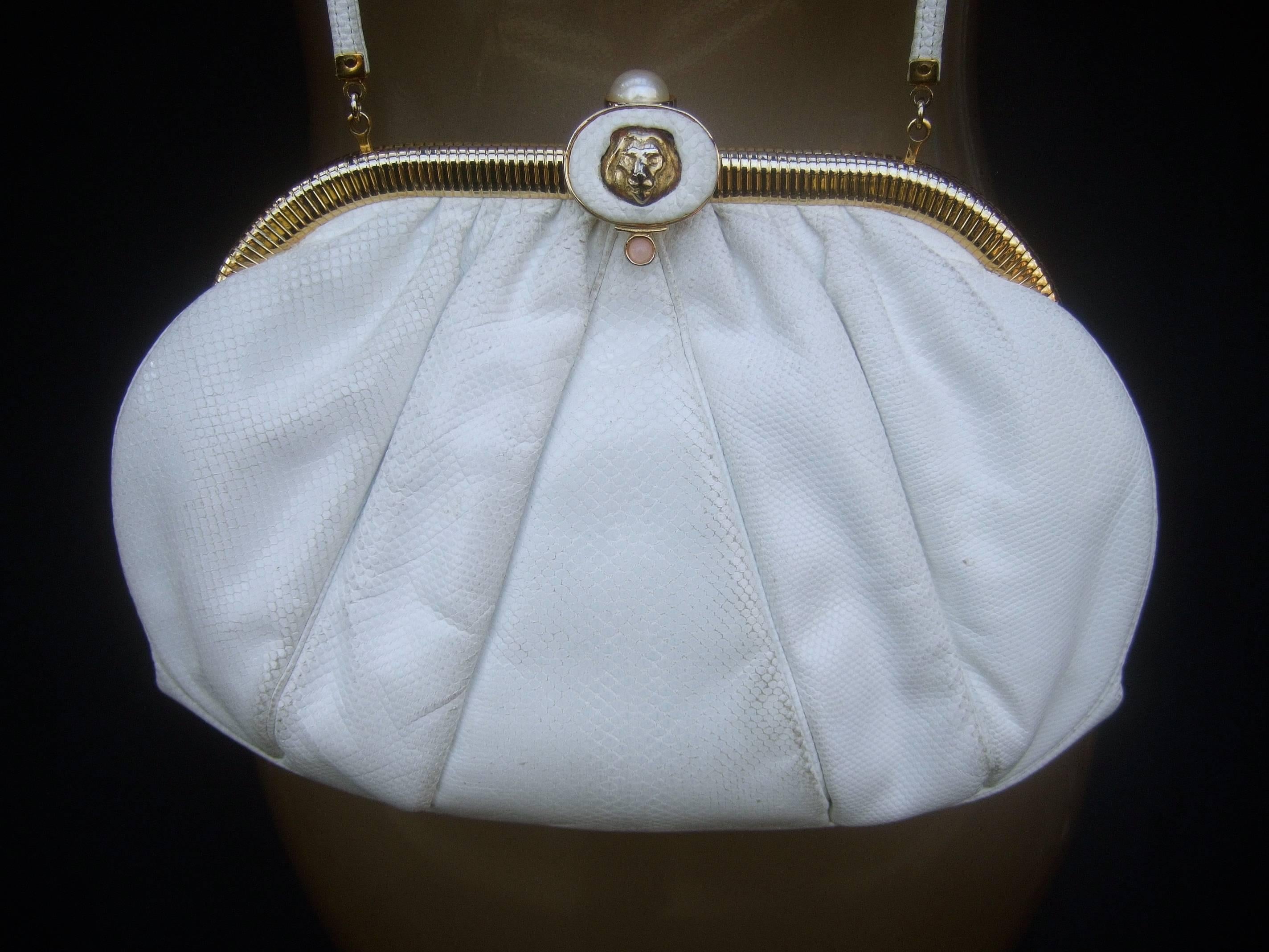 Judith Leiber Lion Clasp Embossed White Leather Handbag c 1980s 5