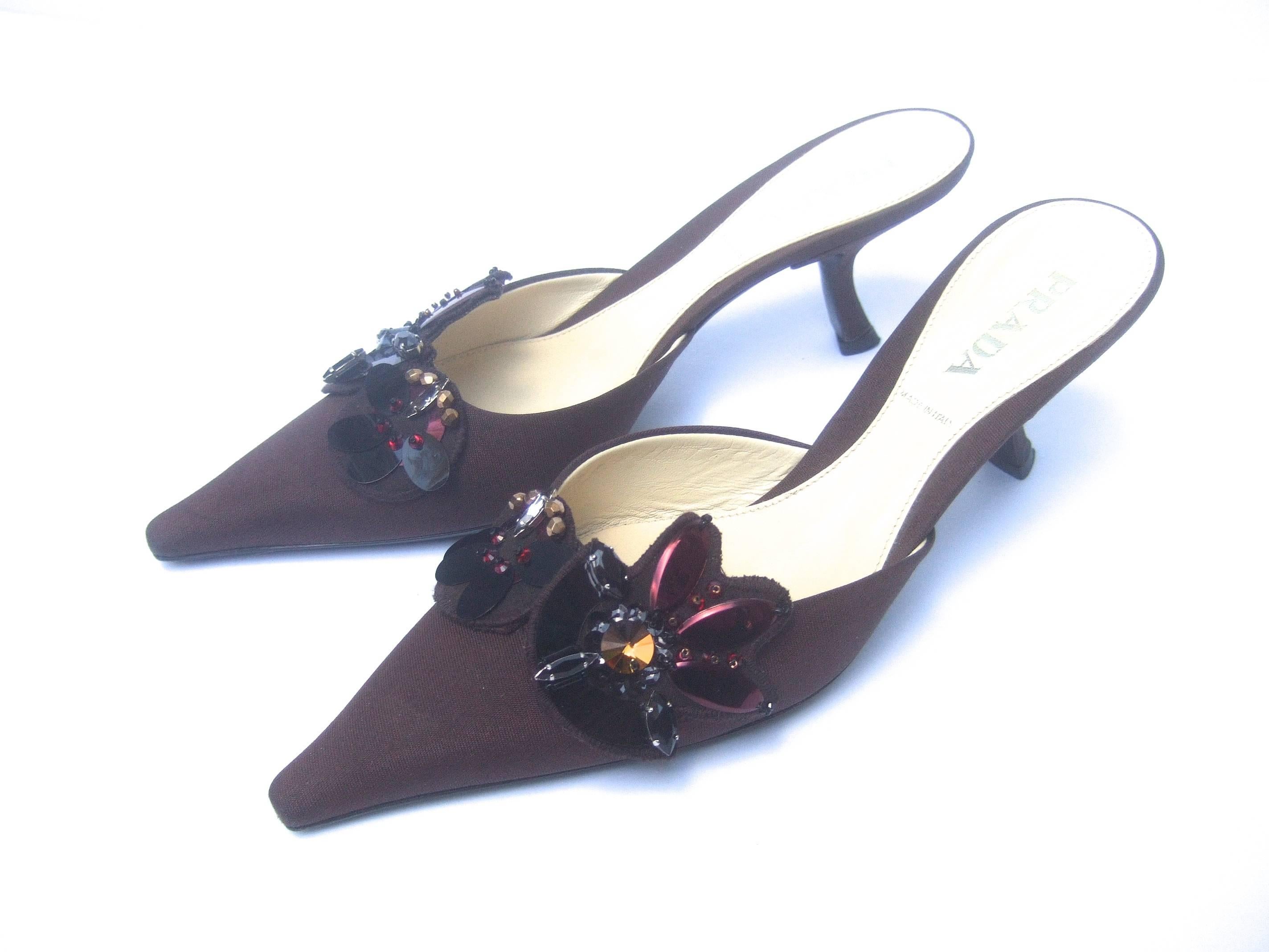 Black Prada Italy Chocolate Brown Jeweled Satin Mules in Box Size 37  For Sale