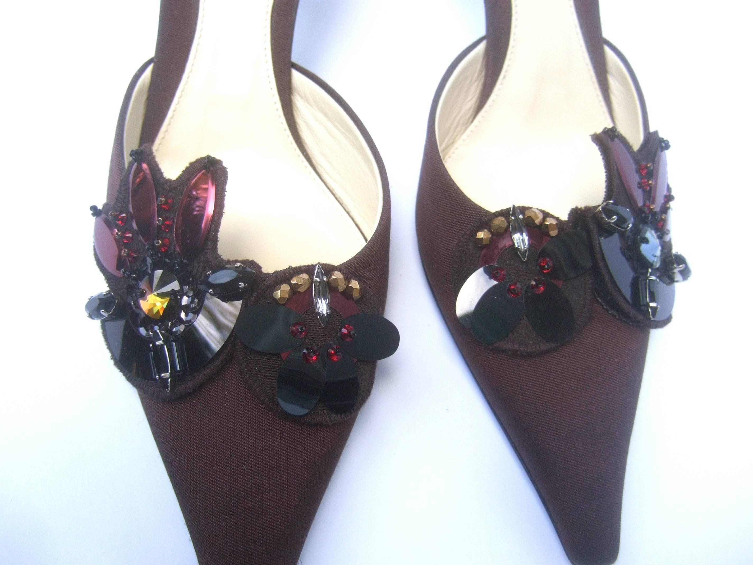 Prada Italy Chocolate Brown Jeweled Satin Mules in Box Size 37  In Good Condition For Sale In University City, MO