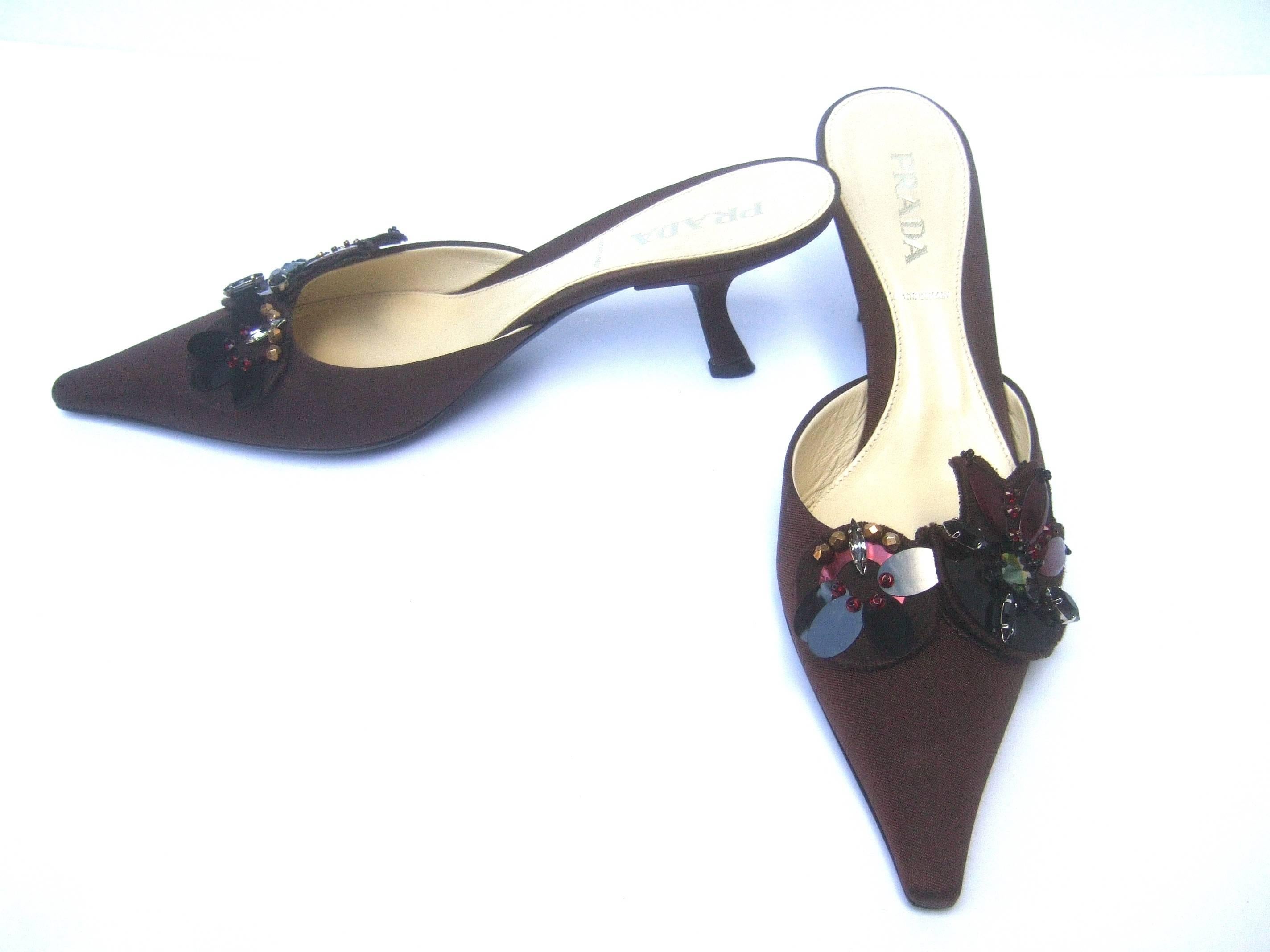 Women's Prada Italy Chocolate Brown Jeweled Satin Mules in Box Size 37  For Sale