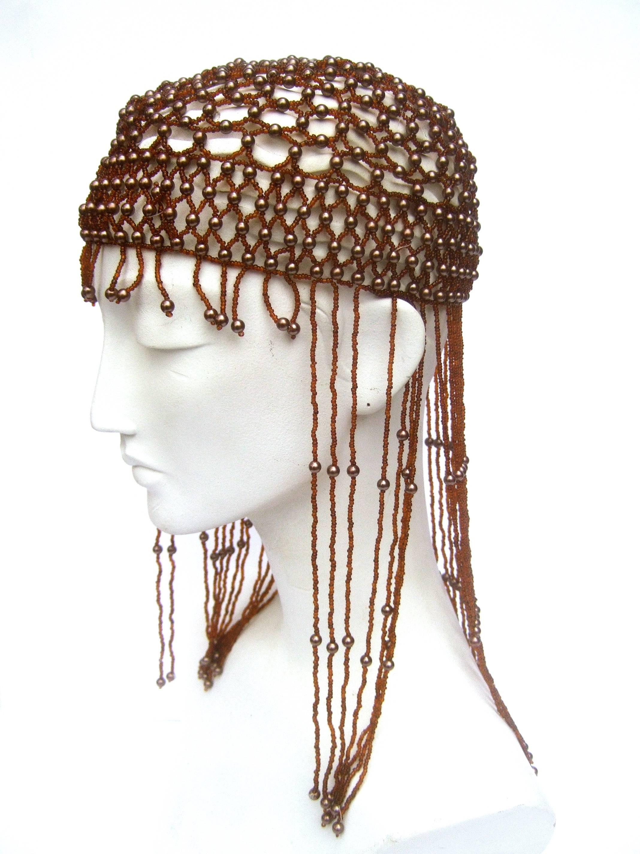 Brown Fringe Beaded Headpiece  In Good Condition In University City, MO