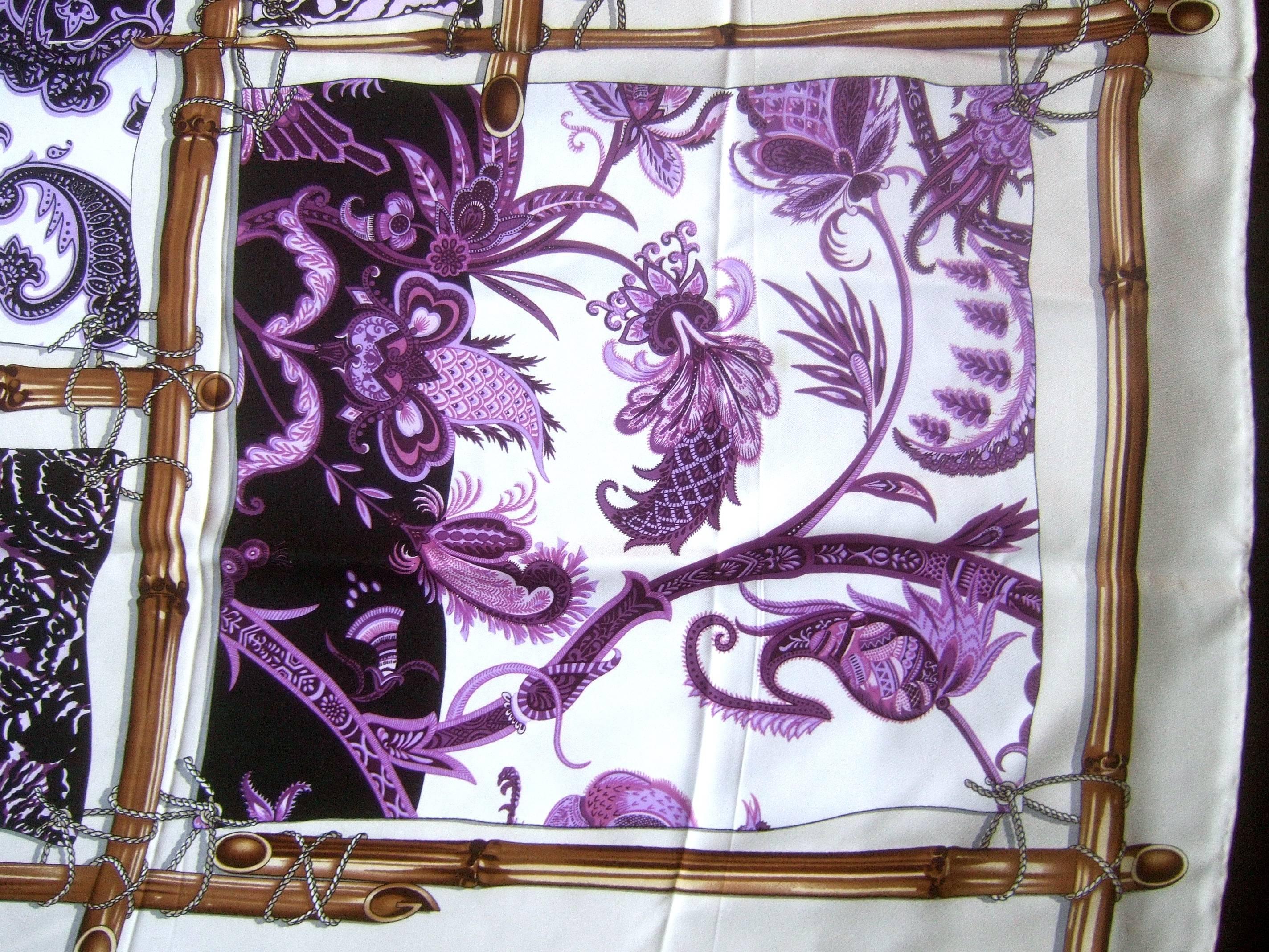 Gucci Italy Silk Hand Rolled Floral Bamboo Border Scarf c 1980s In Excellent Condition For Sale In University City, MO