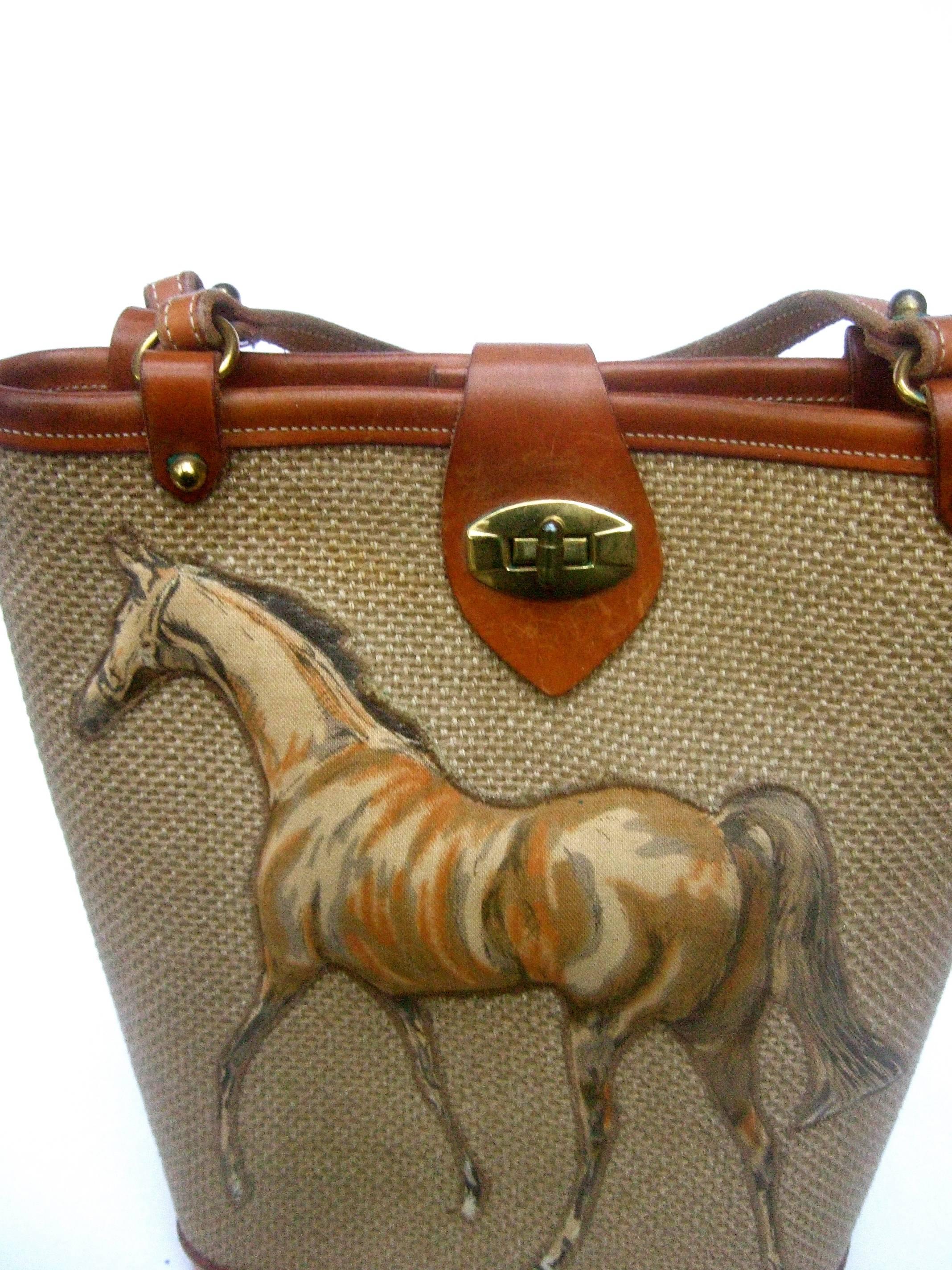 Brown 1960s Burlap Cloth Quilted Equine Leather Trim Handbag 