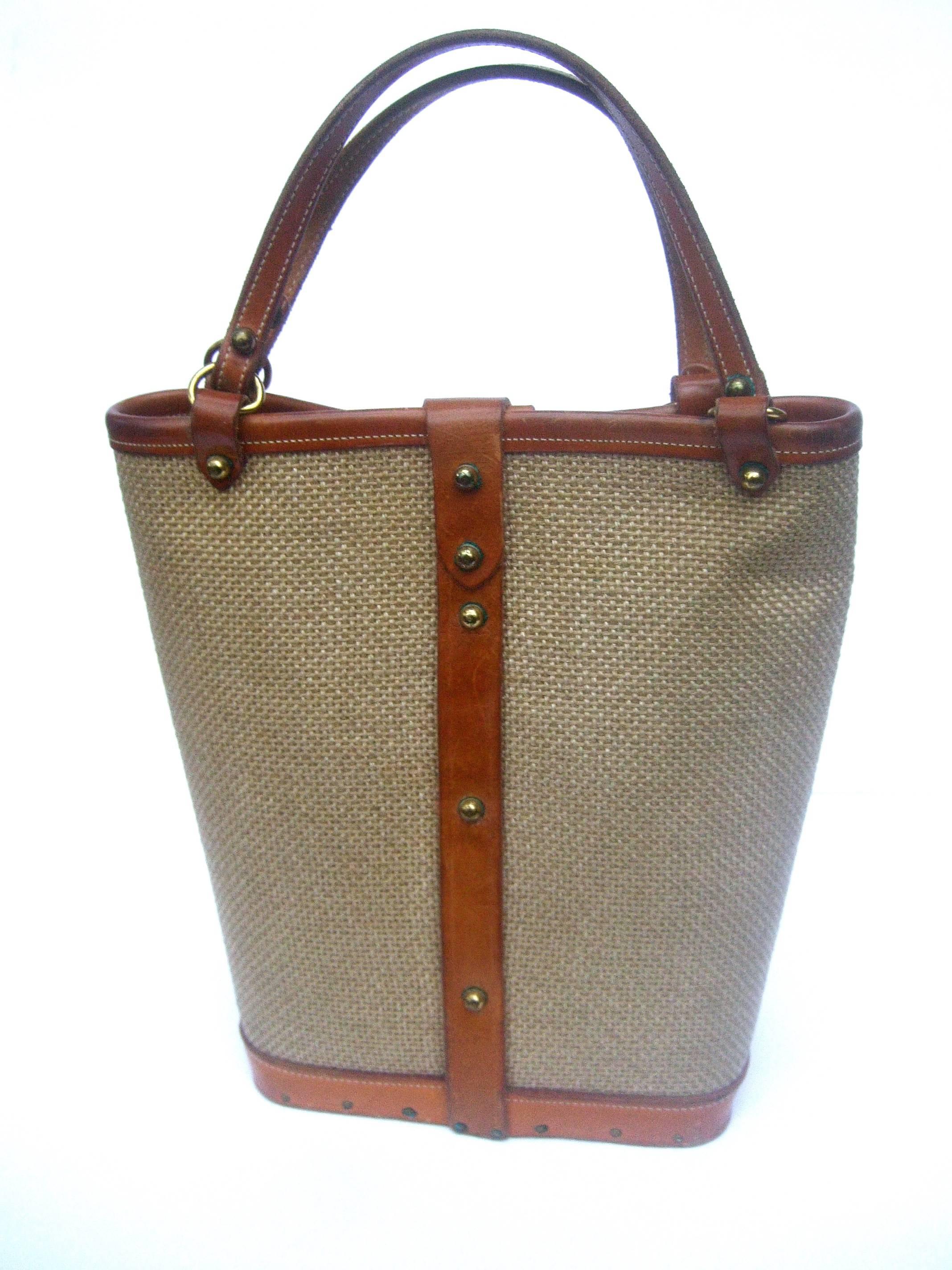 1960s Burlap Cloth Quilted Equine Leather Trim Handbag  In Good Condition In University City, MO