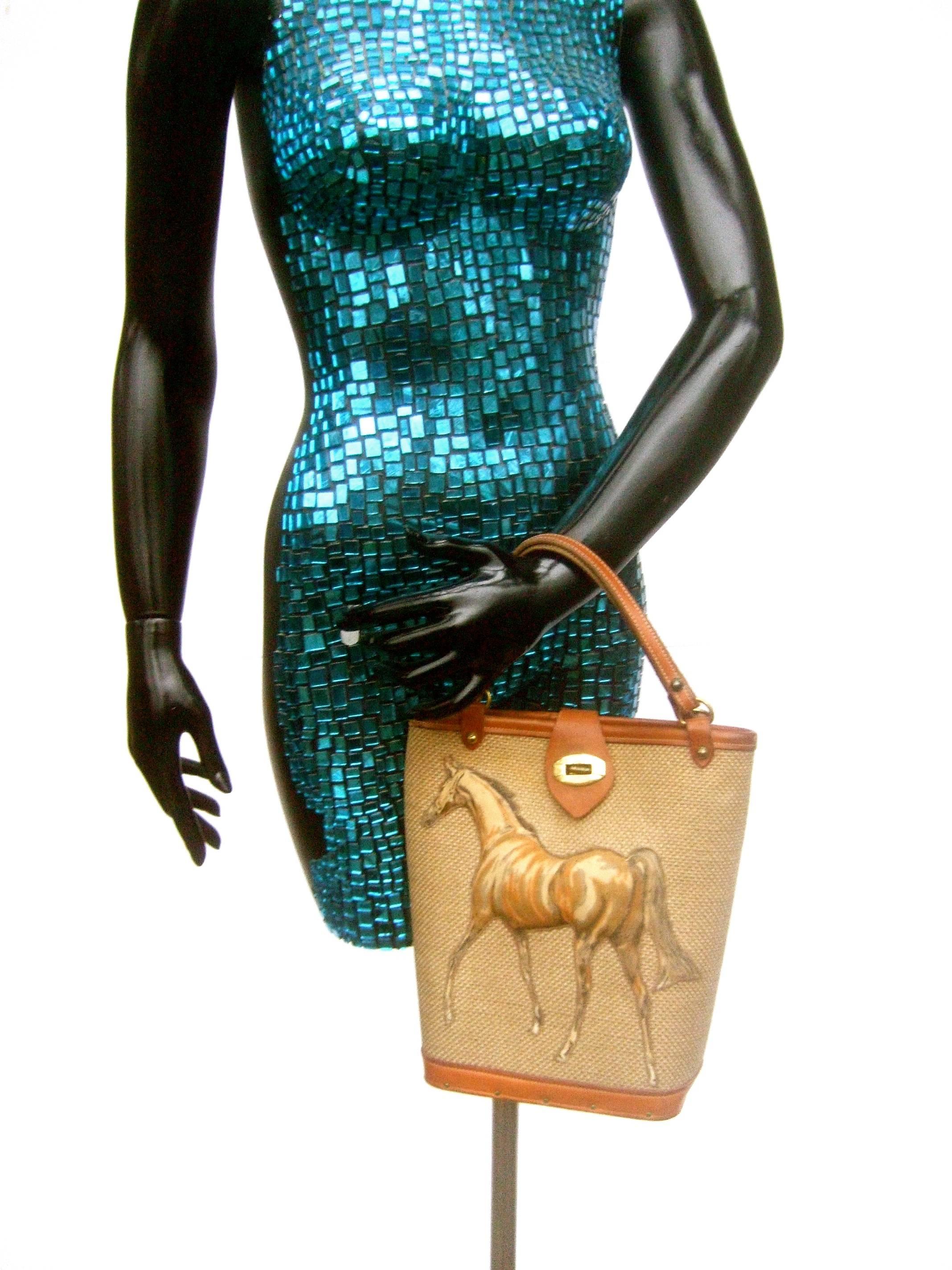 1960s Burlap Cloth Quilted Equine Leather Trim Handbag  1